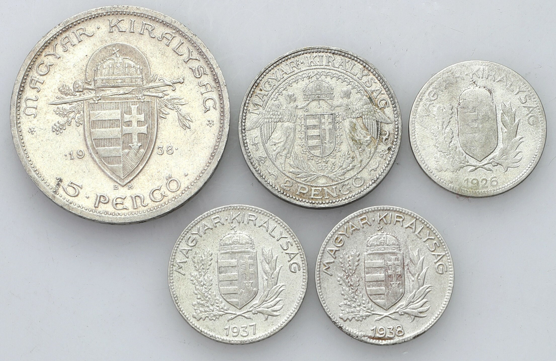Węgry, MiklosHorthy (1920–1944). 3 x 1 pengo, 2 pengo, 5 pengo 1926-1938, Budapeszt, zestaw 5 monet