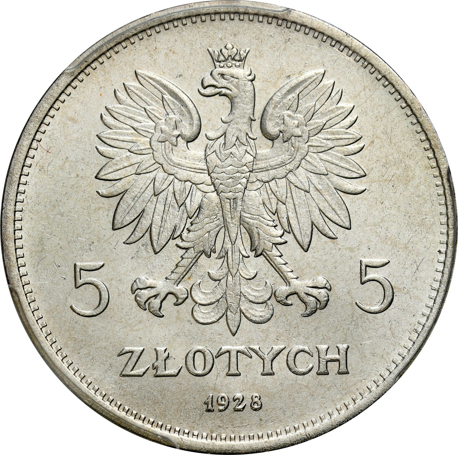 II RP. 5 złotych 1928 Nike (ze znakiem) PCGS MS61 - PIĘKNA