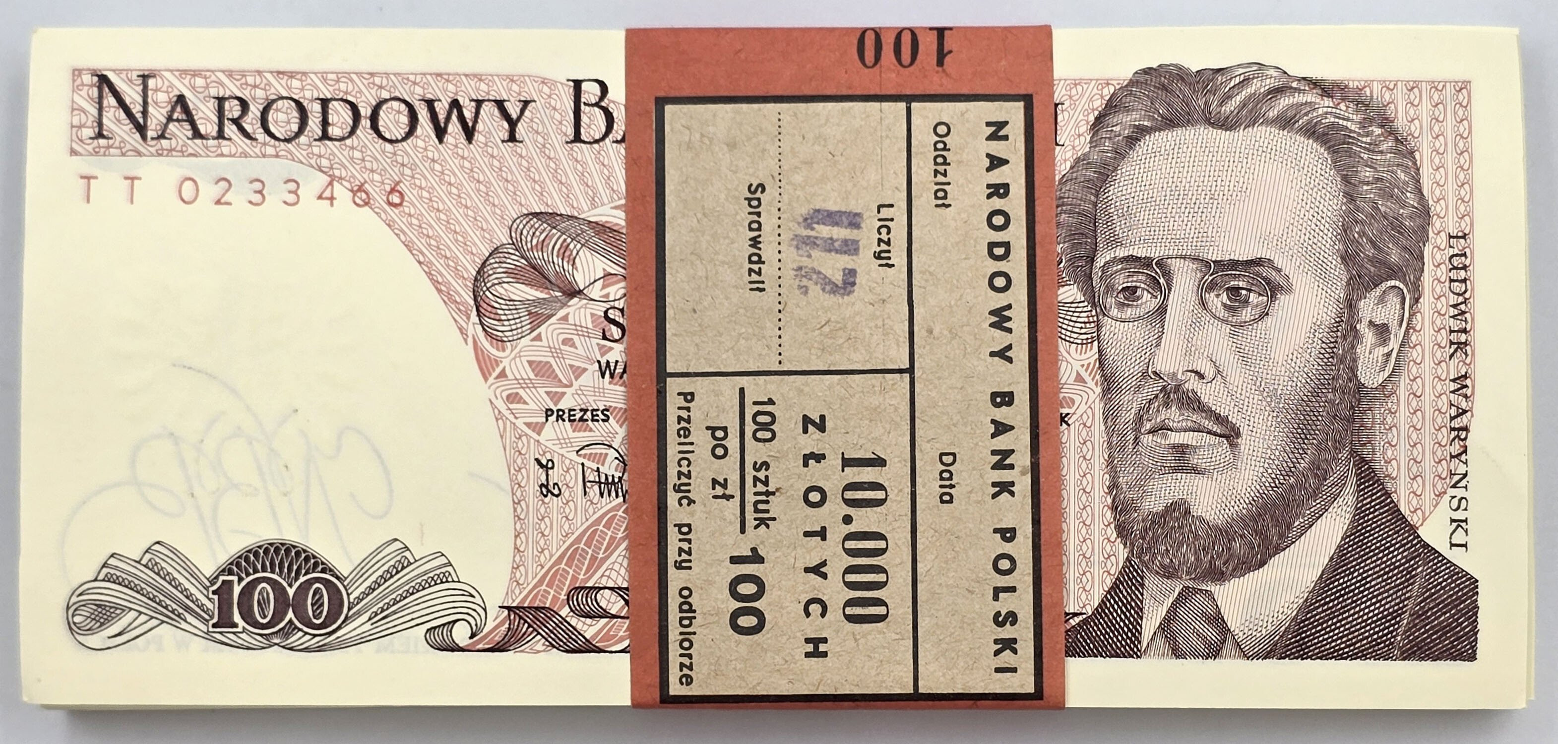 PRL. 100 złotych 1988 Waryński seria TT, zestaw 100 sztuk - PACZKA BANKOWA