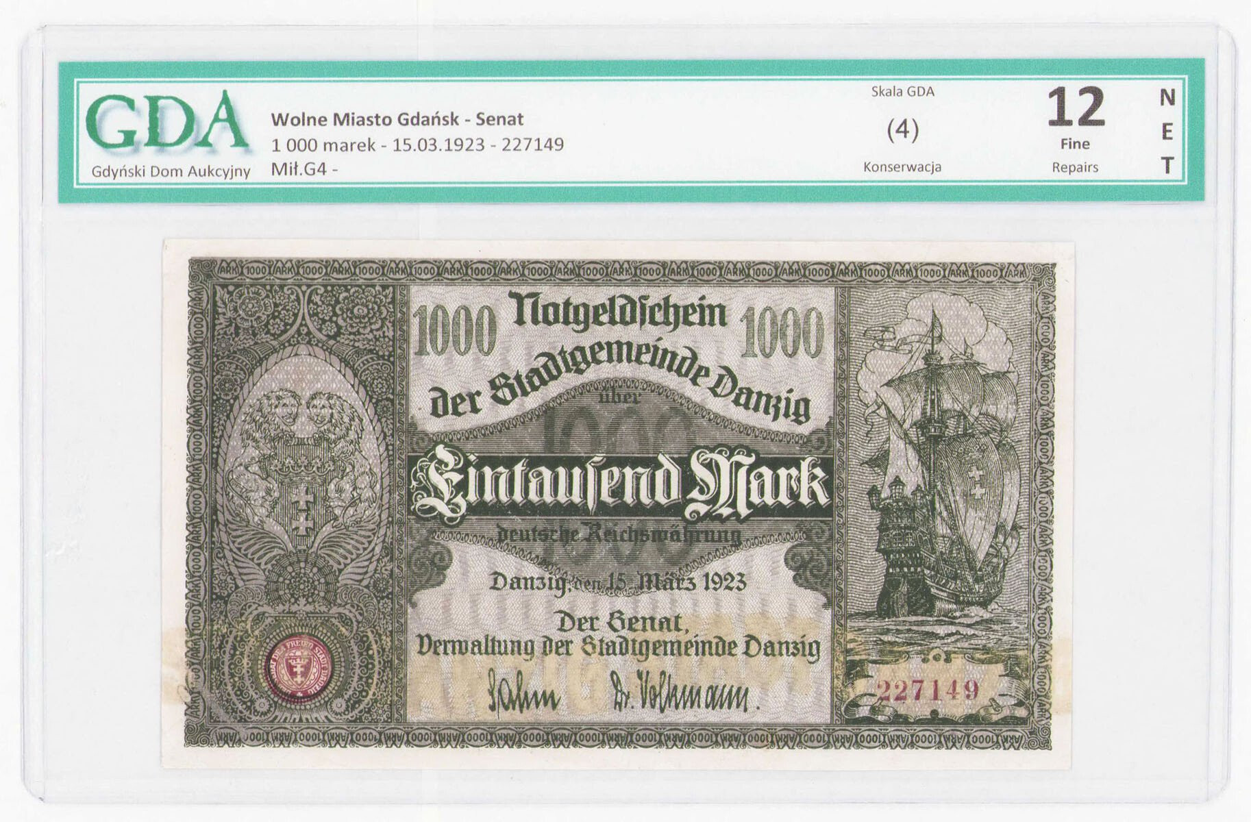 Wolne Miasto Gdańsk. 1.000 marek 1923 GDA 12