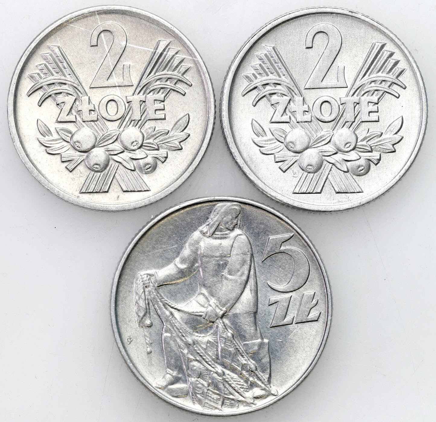 PRL. 5 złotych 1973 Rybak, 2 złote 1960 i 1973 Jagody
