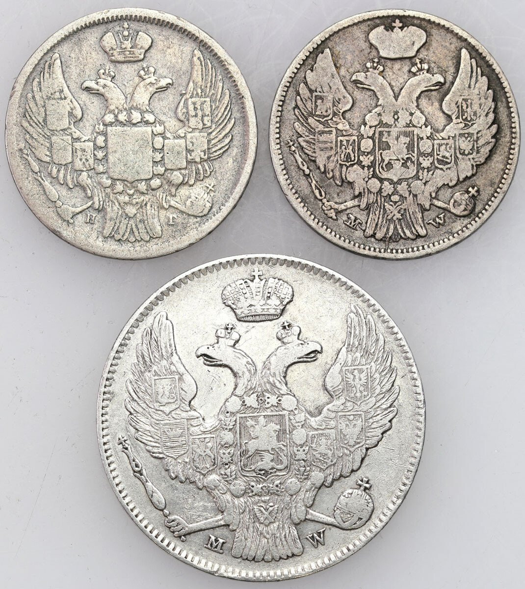 Polska XIX w./Rosja. Mikołaj I. 15 kopiejek = 1 złoty 1837 i 1839 MW, Warszawa, zestaw 3 sztuk