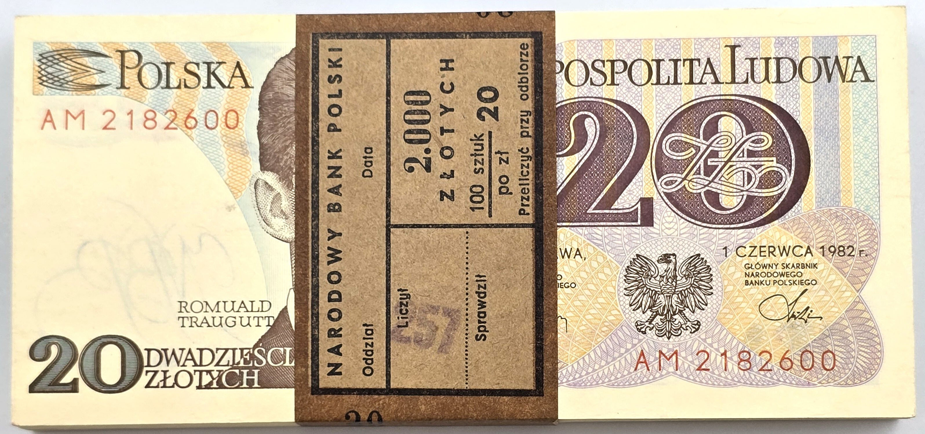 PRL. 20 złotych 1982 seria AM, zestaw 100 sztuk - PACZKA BANKOWA