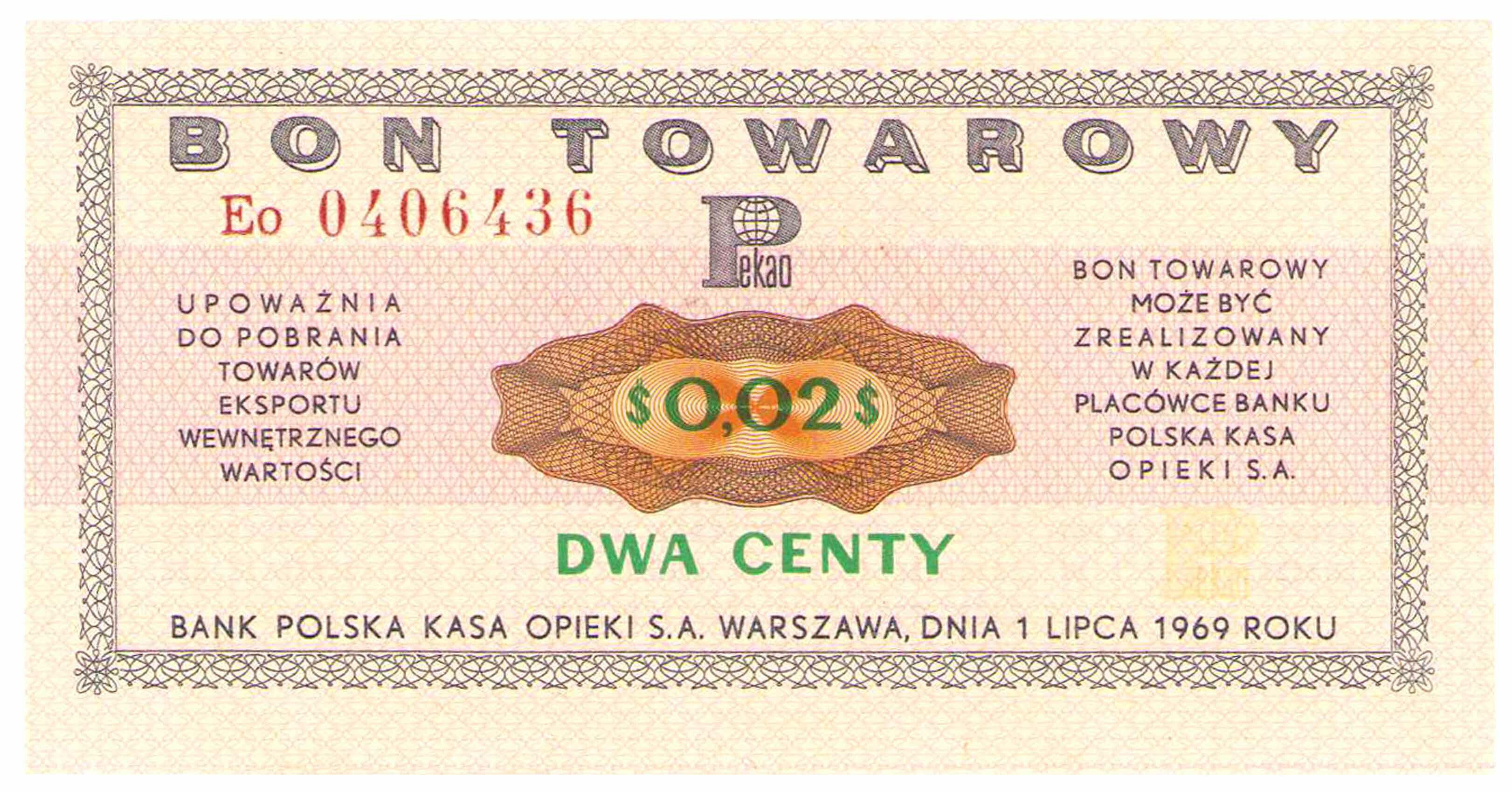 Bon towarowy PEKAO na 2 centy 1969 seria Eo - PIĘKNE