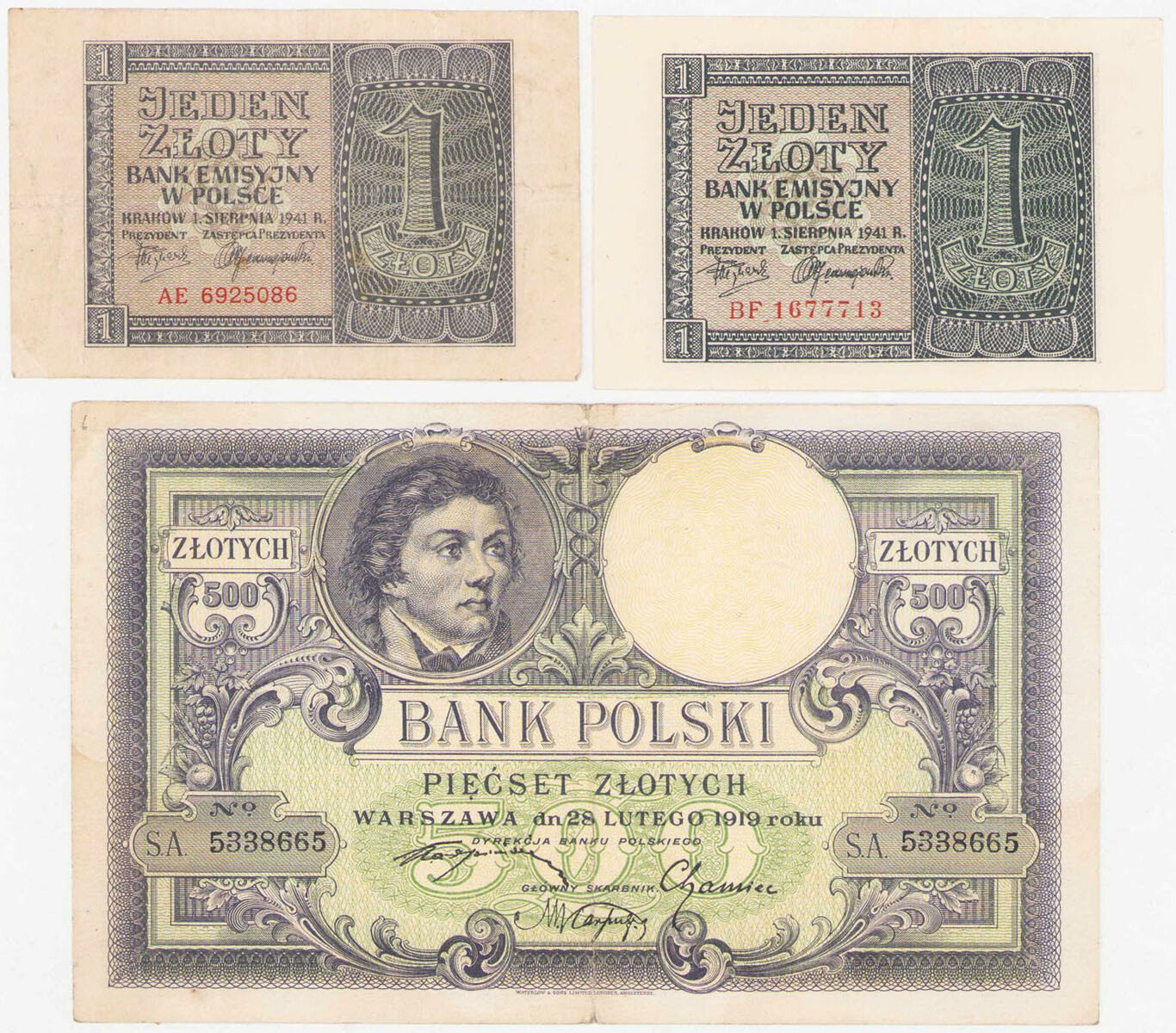 1 złoty 1941 i 500 złotych 1919, zestaw 3 banknotów