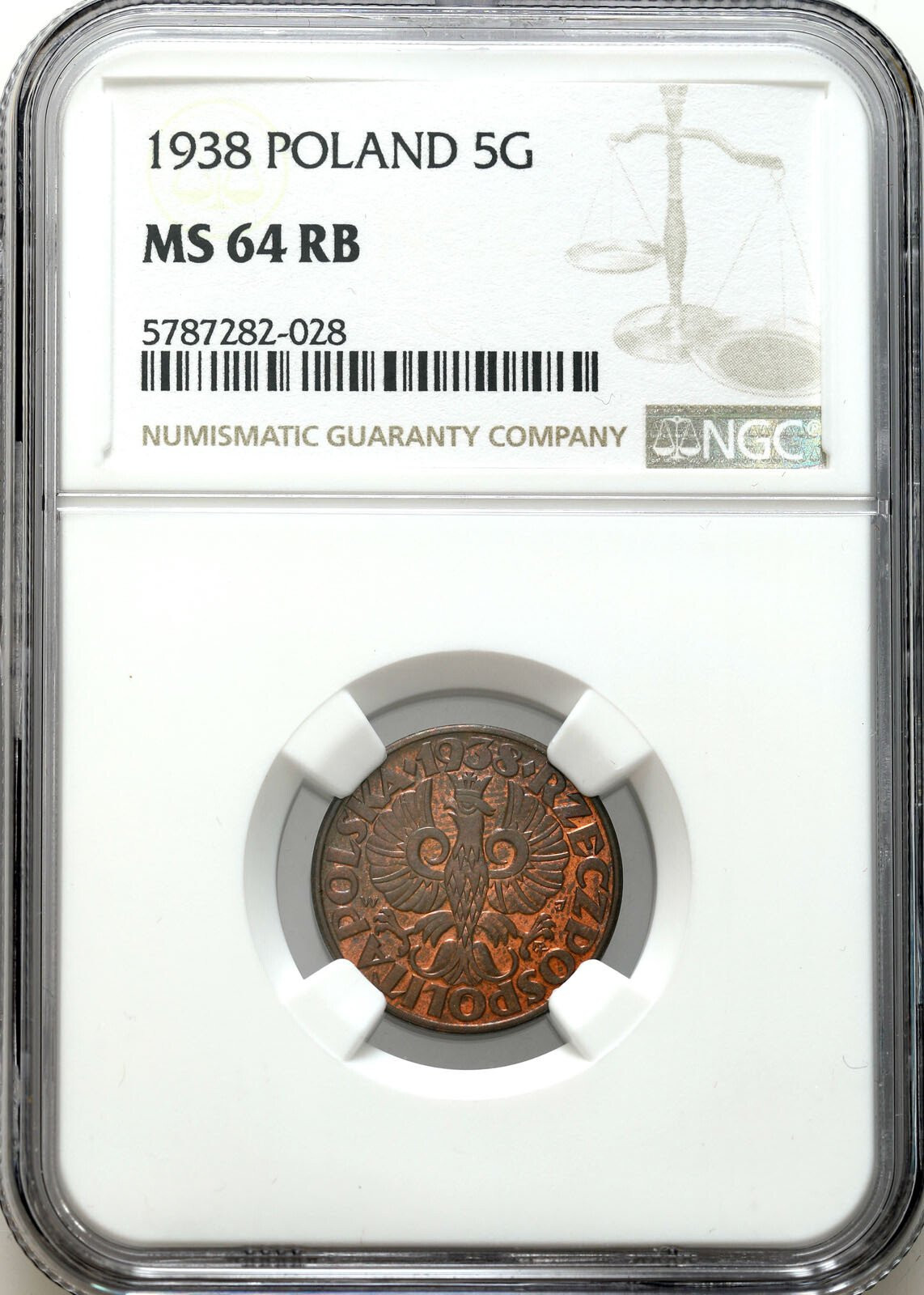 II RP. 5 groszy 1938 NGC MS64 RB - PIĘKNE 