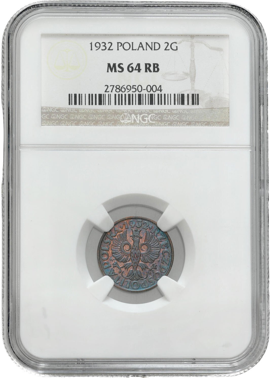 II RP. 2 grosze 1932 NGC MS64 RB (2 MAX) - WYŚMIENITE