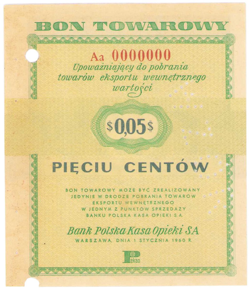 Bank Polska Kasa Opieki S.A., WZÓR na 5 centów 1960 seria Aa - RZADKOŚĆ