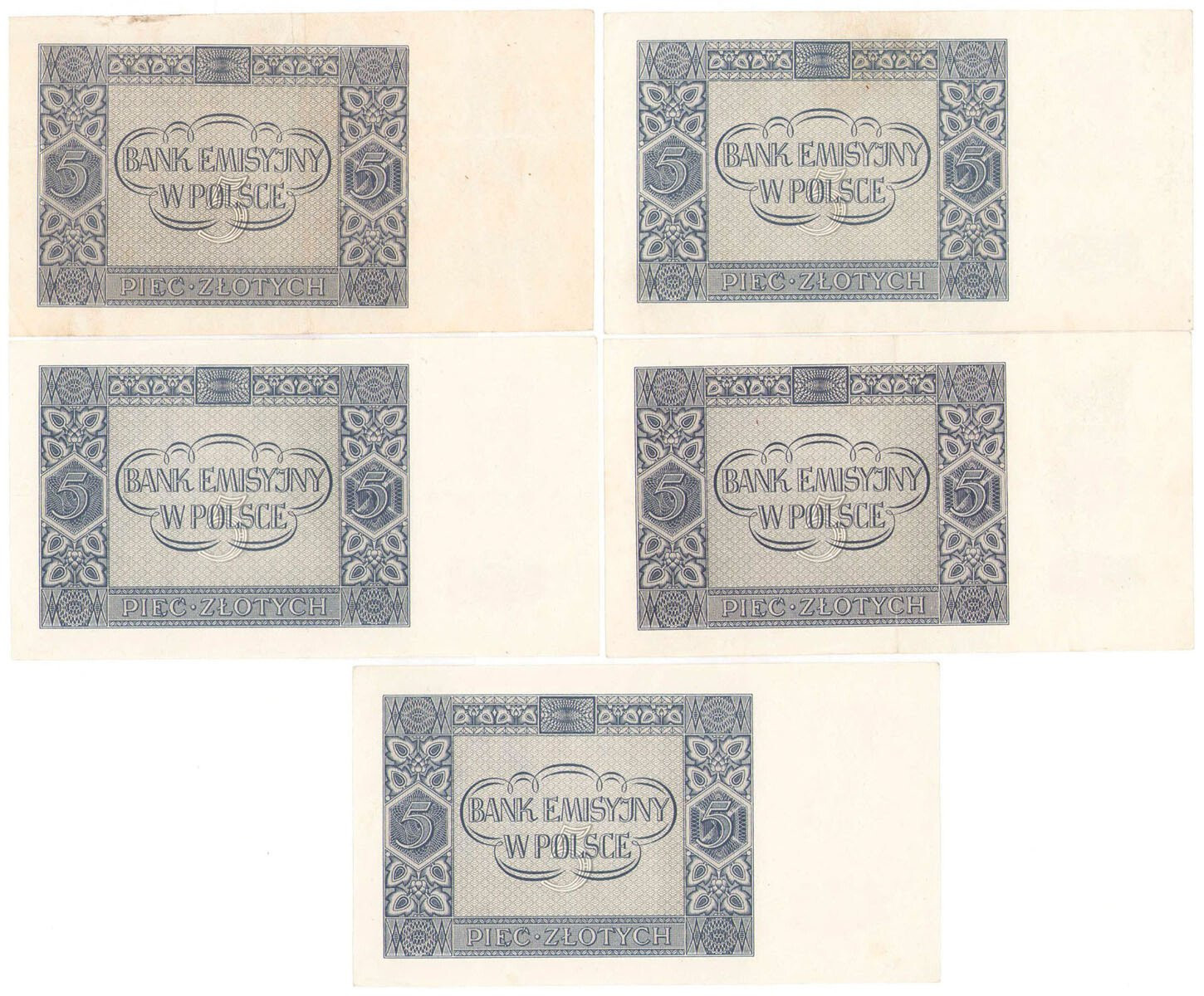 5 złotych 1941 różne serie, zestaw 5 banknotów