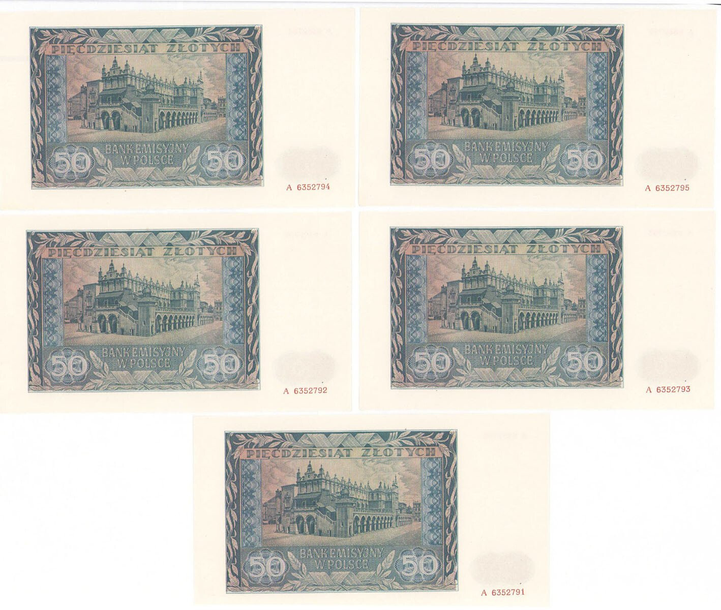 50 złotych 1941 seria A - KOLEJNE NUMERY, 5 sztuk