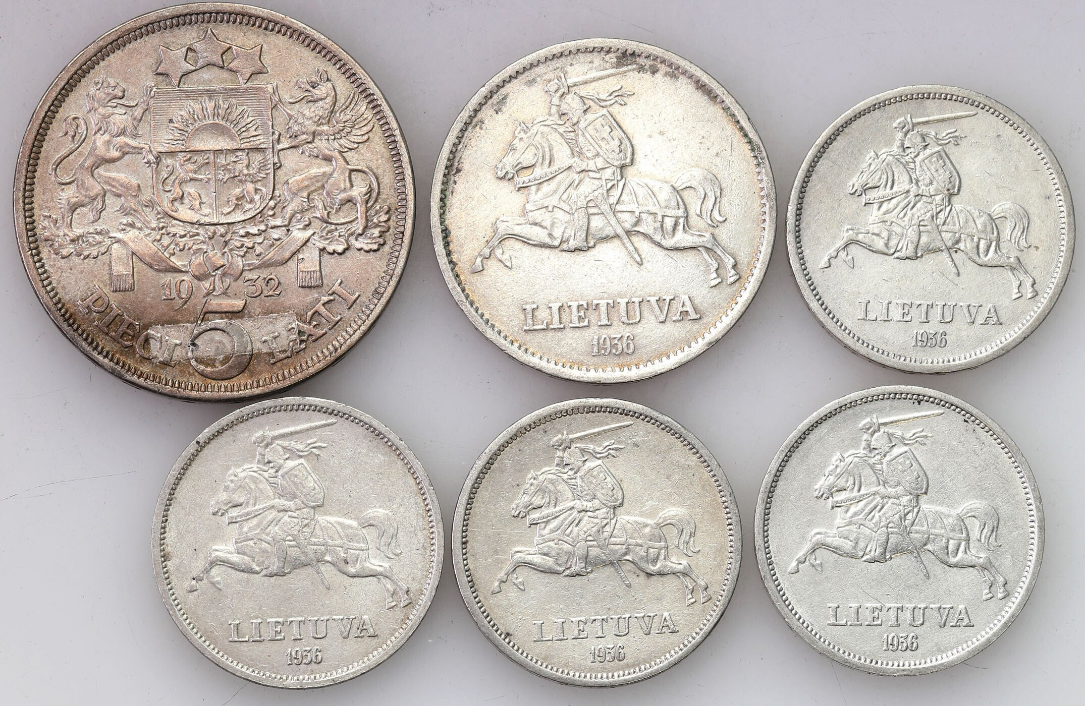Litwa, Łotwa. 5 Lati 1932, 10 litu 1936, 5 lati 1936 (4 szt.), zestaw 6 monet
