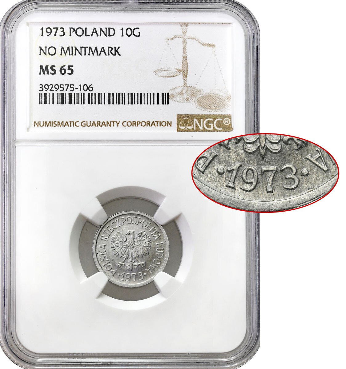 PRL. 10 groszy 1973 BEZ ZNAKU NGC MS65 (2MAX)- Najrzadsza moneta PRL
