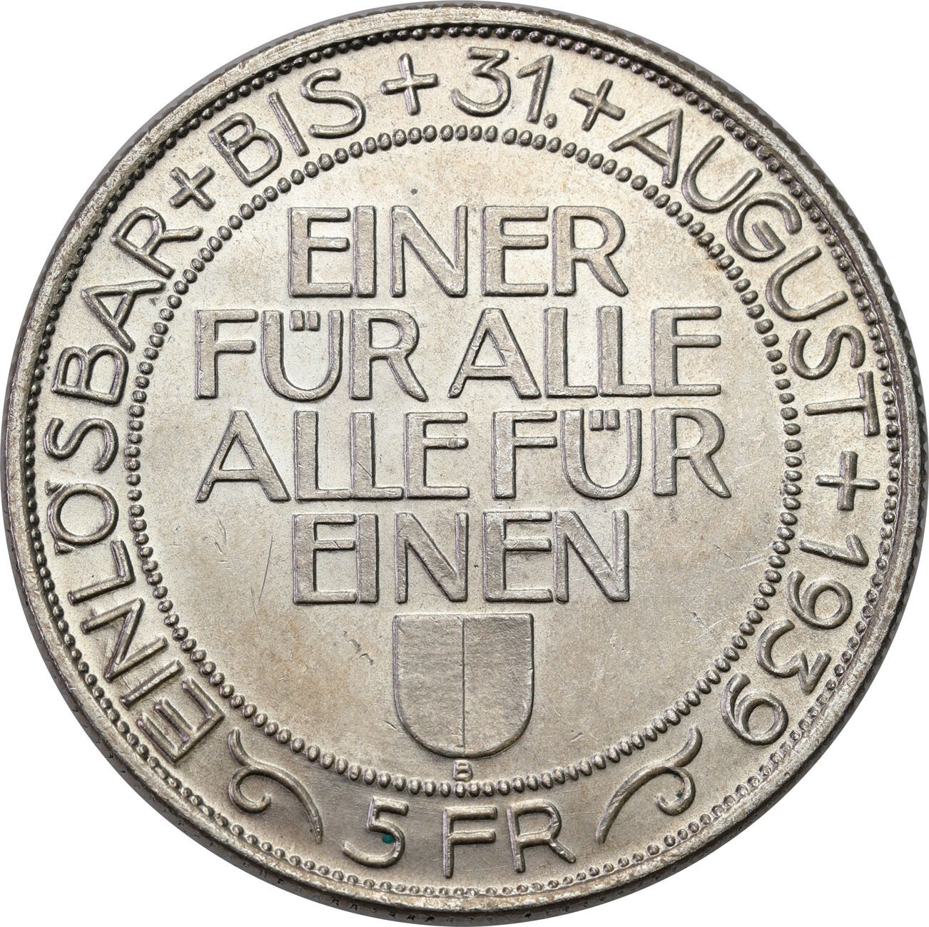 Szwajcaria. 5 franków 1939, Bern, Festiwal Strzelecki – PIĘKNE