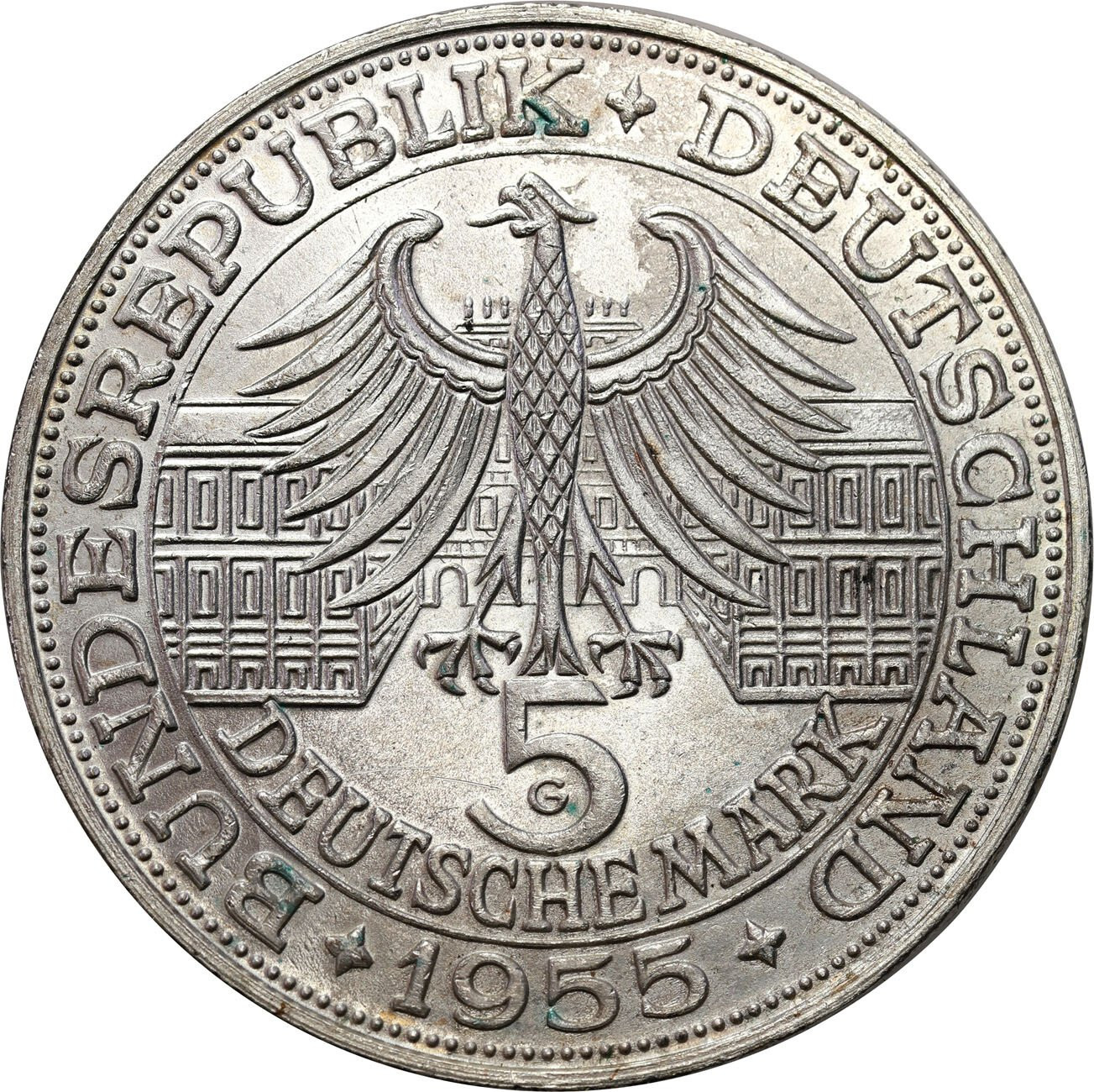 Niemcy, RFN. 5 marek 1955 G, Karlsruhe, 400. Rocznica urodzin Ludwika Wilhelma – RZADKIE