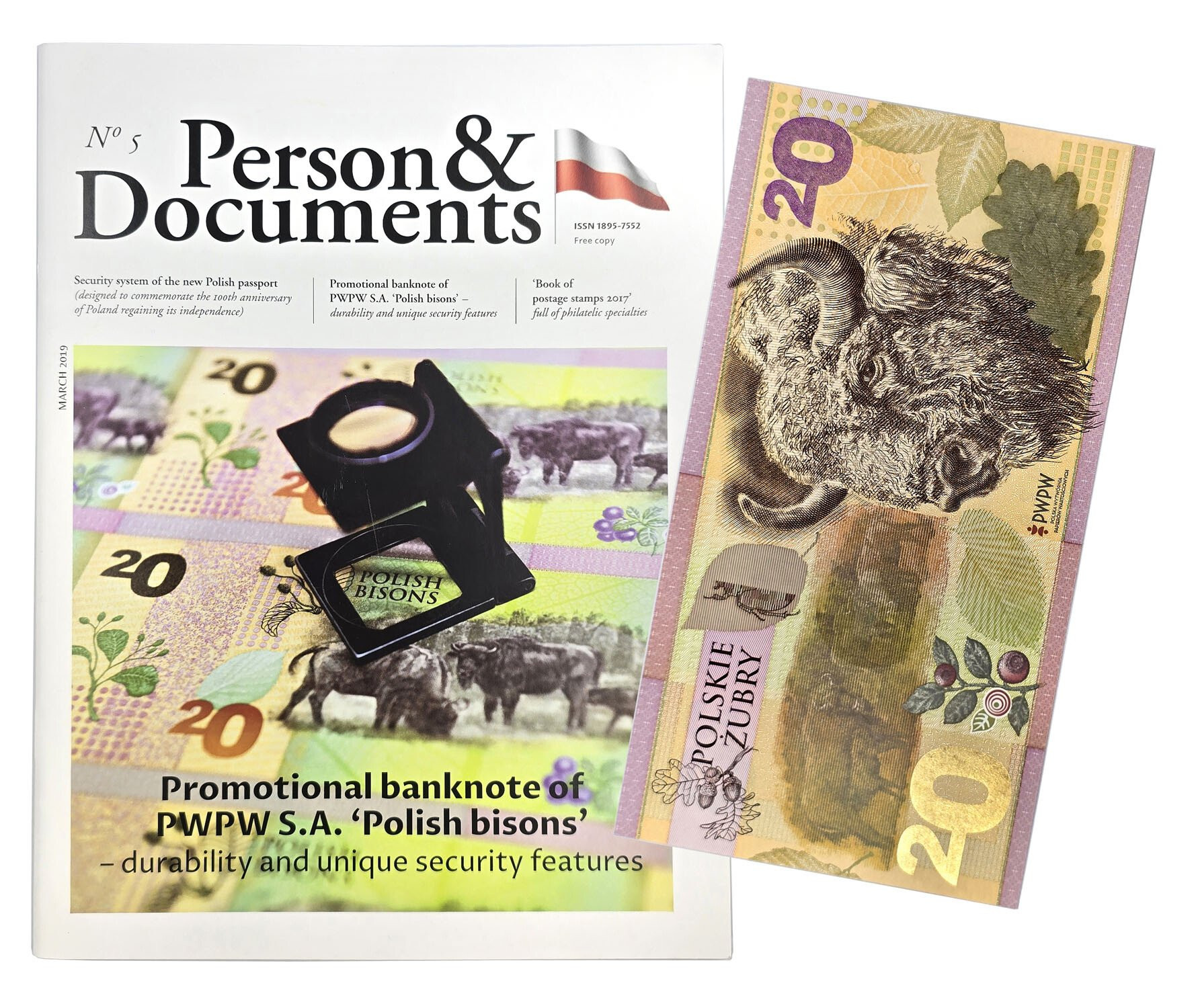 Person & Documents z banknotem żubry, papierem ze znakiem wodnym i znaczekiem