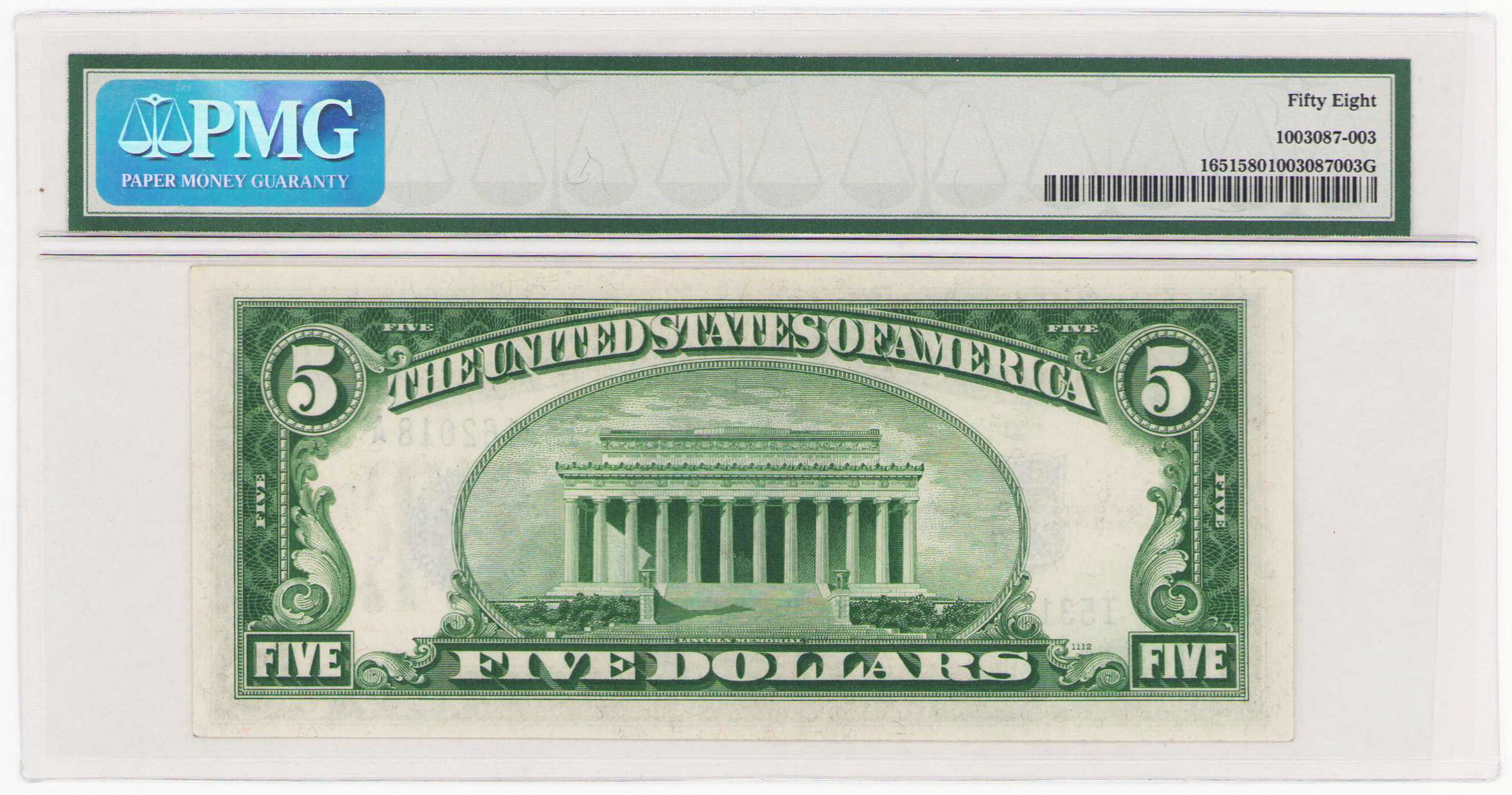 USA, Silver Certificate. 5 dolarów 1934A PMG 58