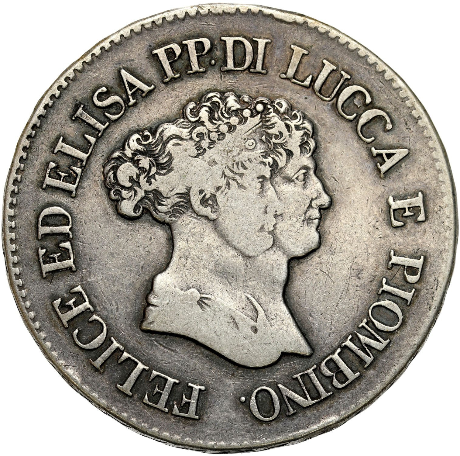 Włochy. Feliks Baiocchi i Eliza Bonaparte (1805-1814). 5 franchi 1805, Florencja – RZADKIE