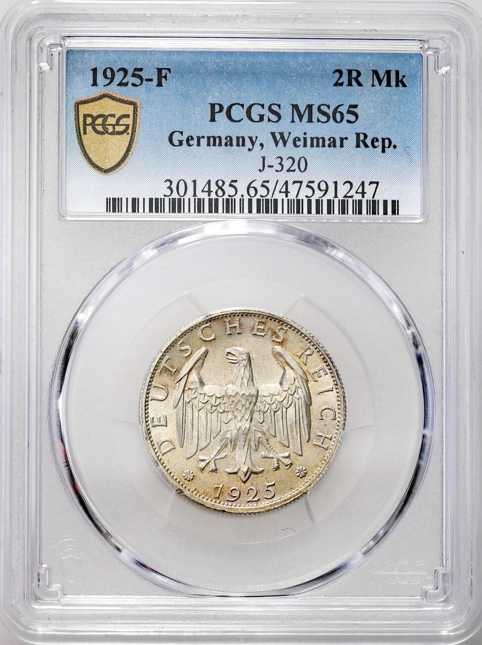 Niemcy, Republika Weimarska. 2 Marki 1925 F, Stuttgart PCGS MS65 (2 MAX) – WYŚMIENITE 