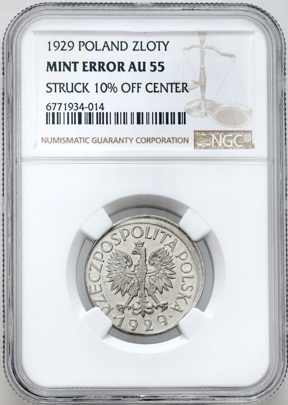 II RP. 1 złoty 1929 przesunięty stempel - DESTRUKT MENNICZY - NGC AU55 MINT ERROR