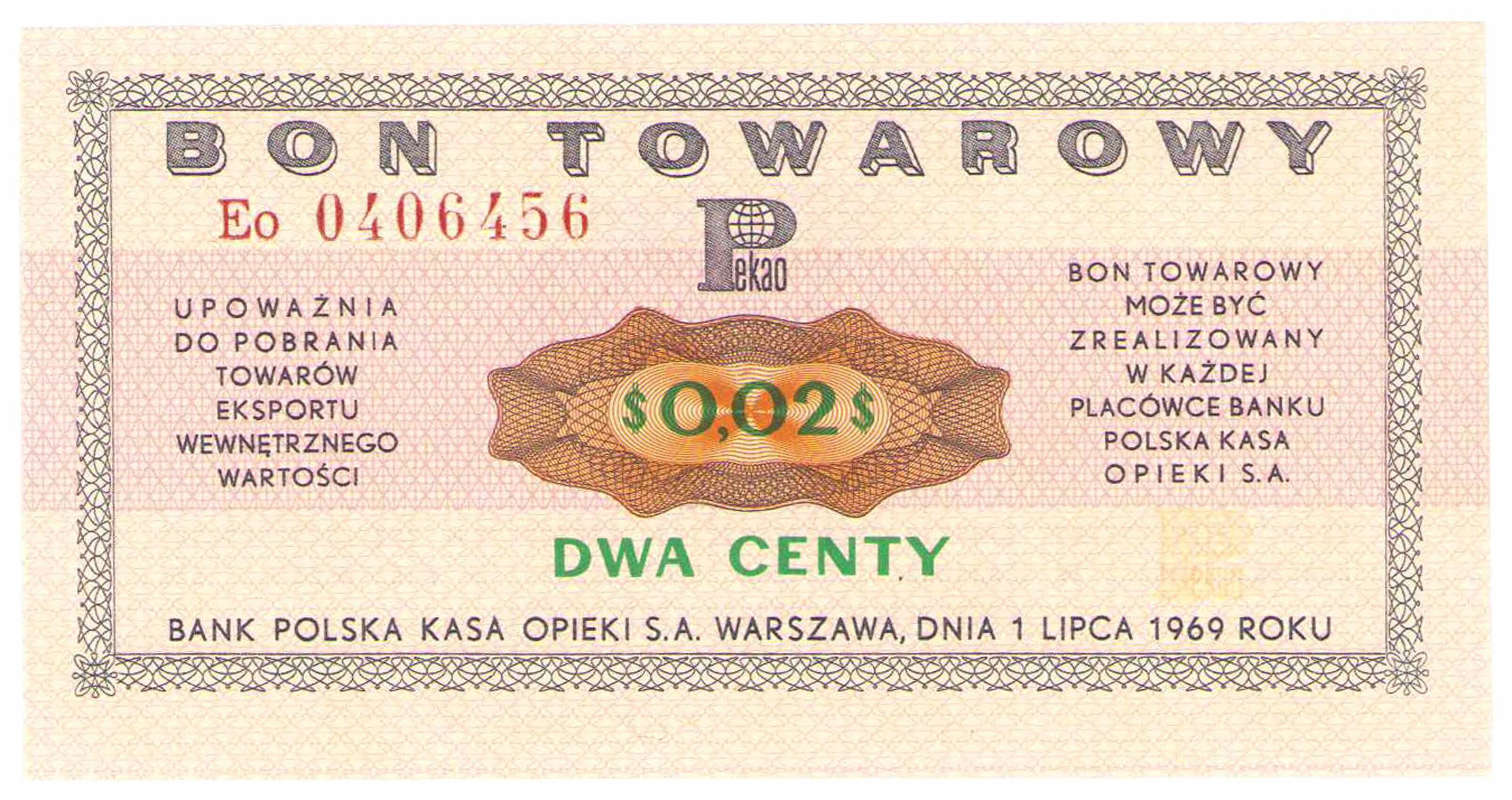 Bon towarowy PEKAO na 2 centy 1969 seria Eo - PIĘKNE