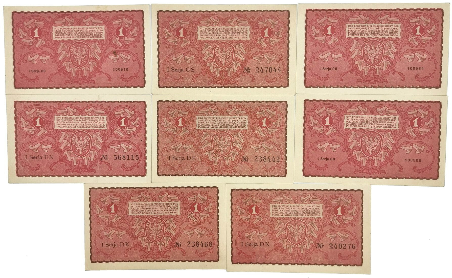 1 marka polska 1919 – zestaw 8 banknotów