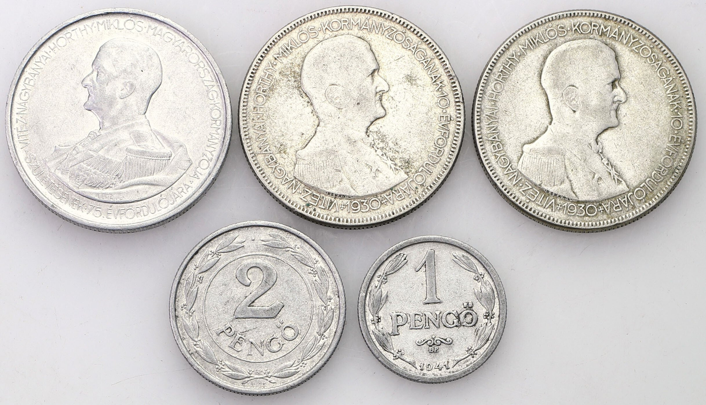 Węgry, MiklosHorthy2 x 5 pengö 1930, 5 pengo 1943, 2 pengo 1942, 1 pengo 1941