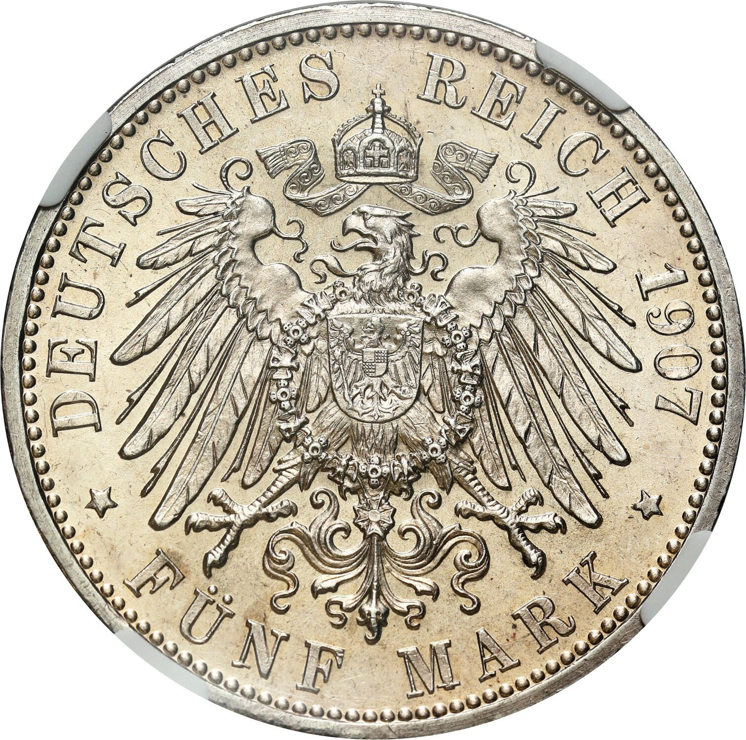 Niemcy, Badenia. Fryderyk I (1856–1907). 5 marek 1907, Karlsruhe NGC MS61 - PIĘKNE