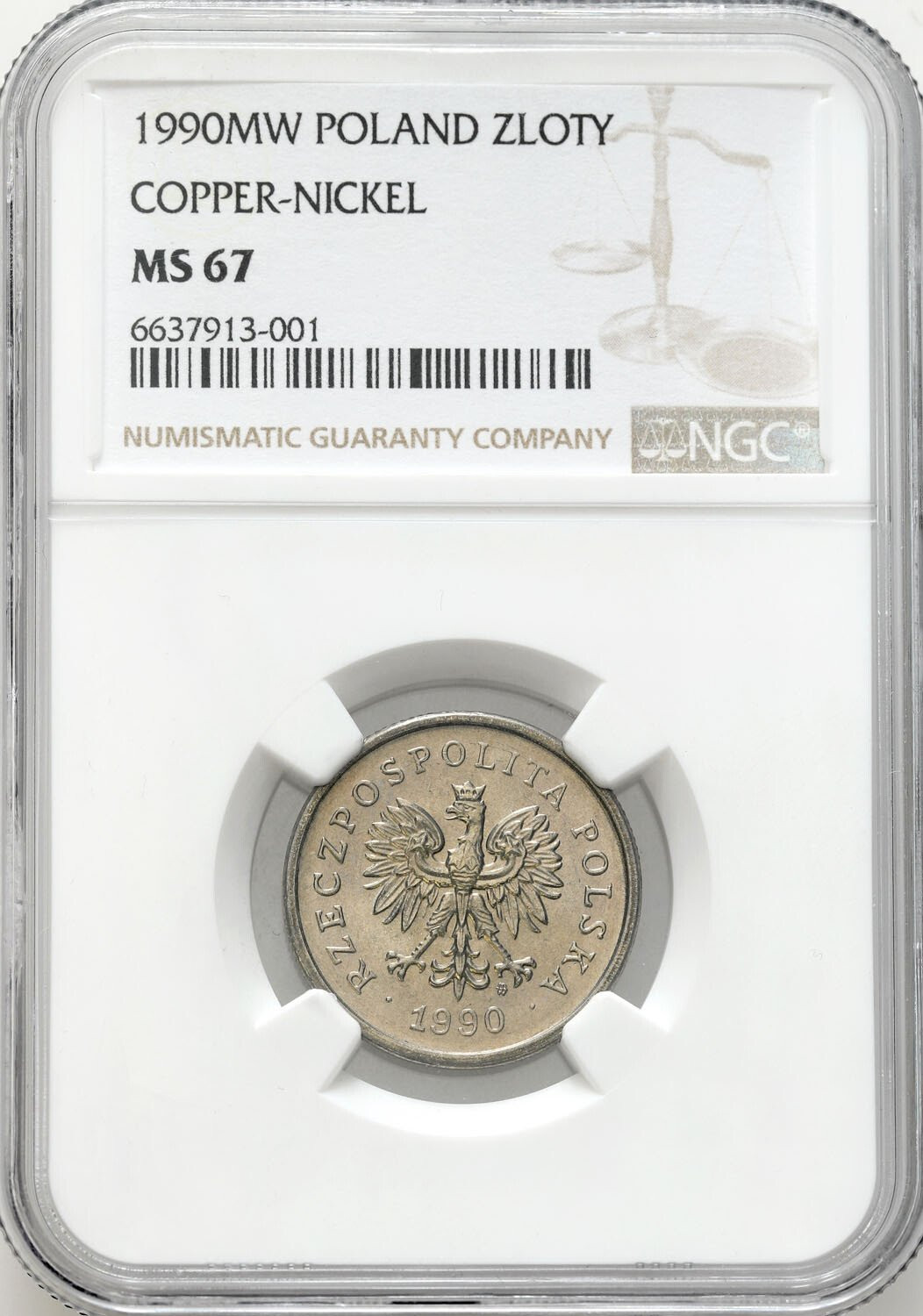 III RP. 1 złoty 1990, NGC MS67 – PIĘKNE