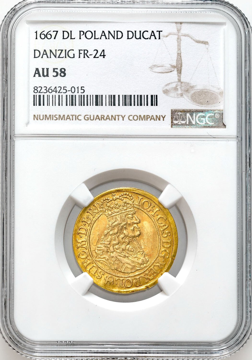 Jan II Kazimierz. Dukat 1667, Gdańsk NGC AU58 - RZADKOŚĆ R6