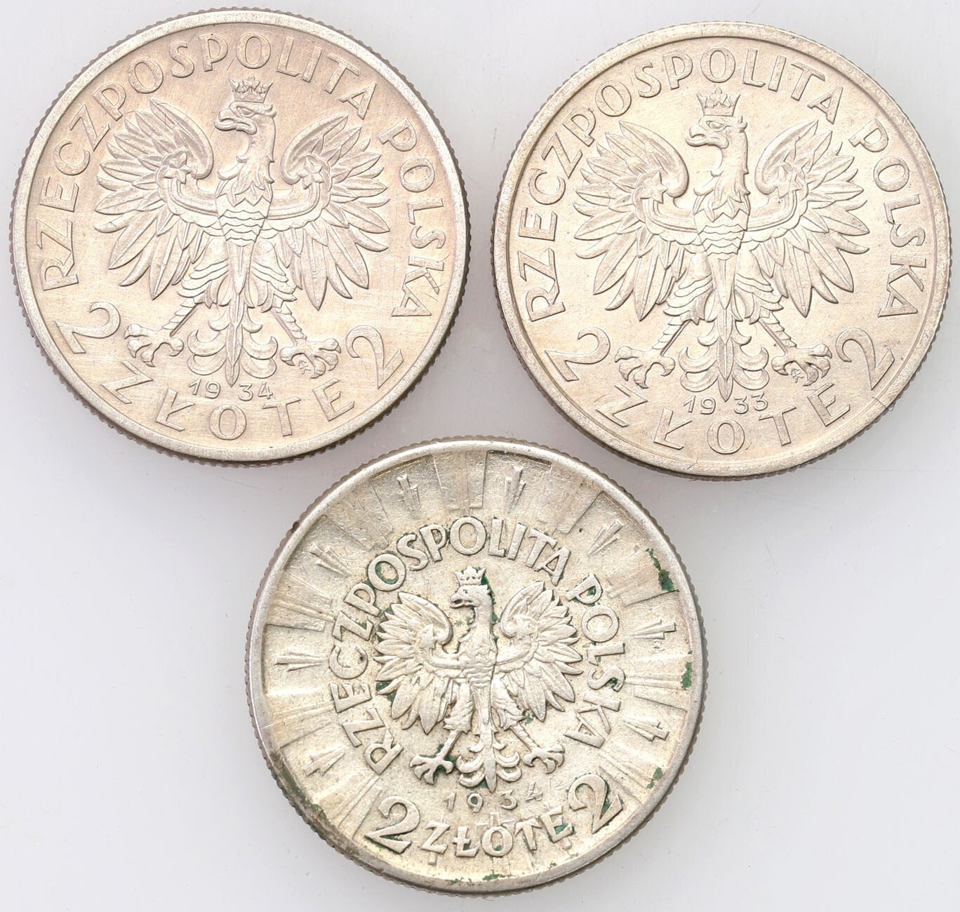 II RP. 2 złote 1933-1934 Głowa Kobiety, Piłsudski, zestaw 3 sztuk