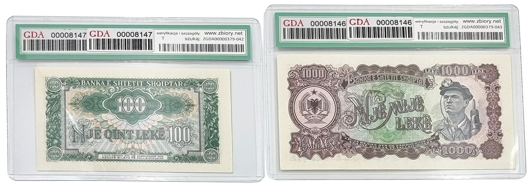 Albania. 100 i 1.000 leke 1957, zestaw 2 banknotów