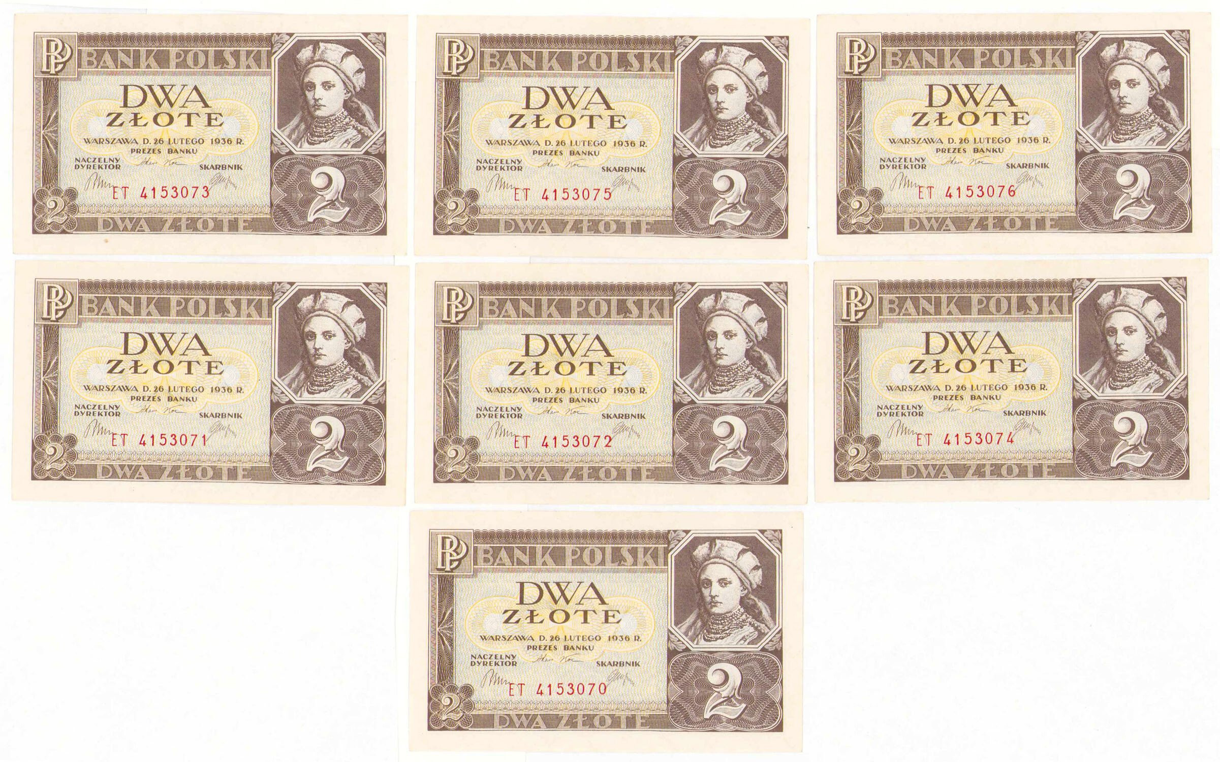 2 złote 1936 seria ET, zestaw 7 sztuk - KOLEJNE NUMERY