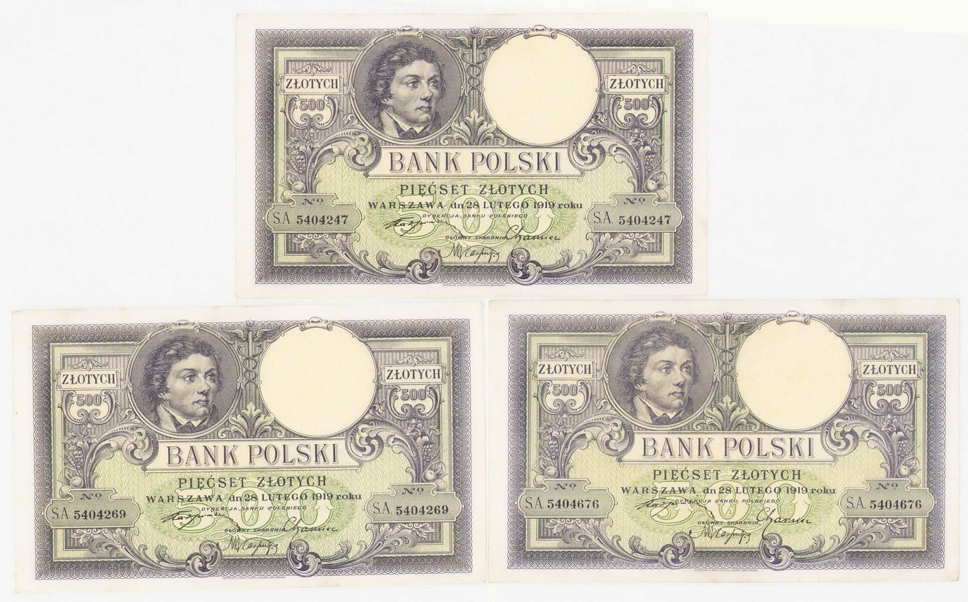 500 złotych 1919 seria A, zestaw 3 sztuk