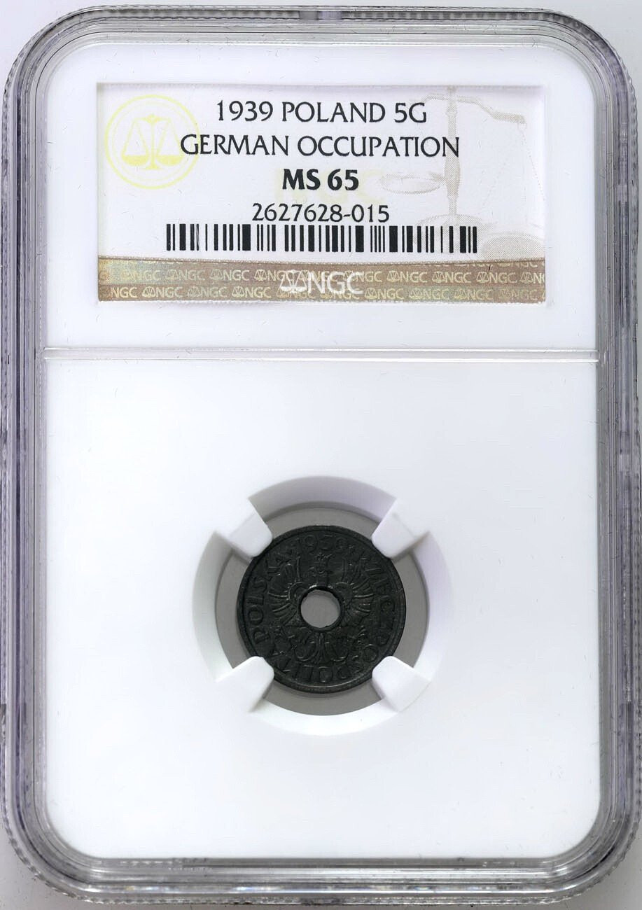 Generalna Gubernia. 5 groszy 1939 cynk NGC MS65 (2 MAX)  - PIĘKNE