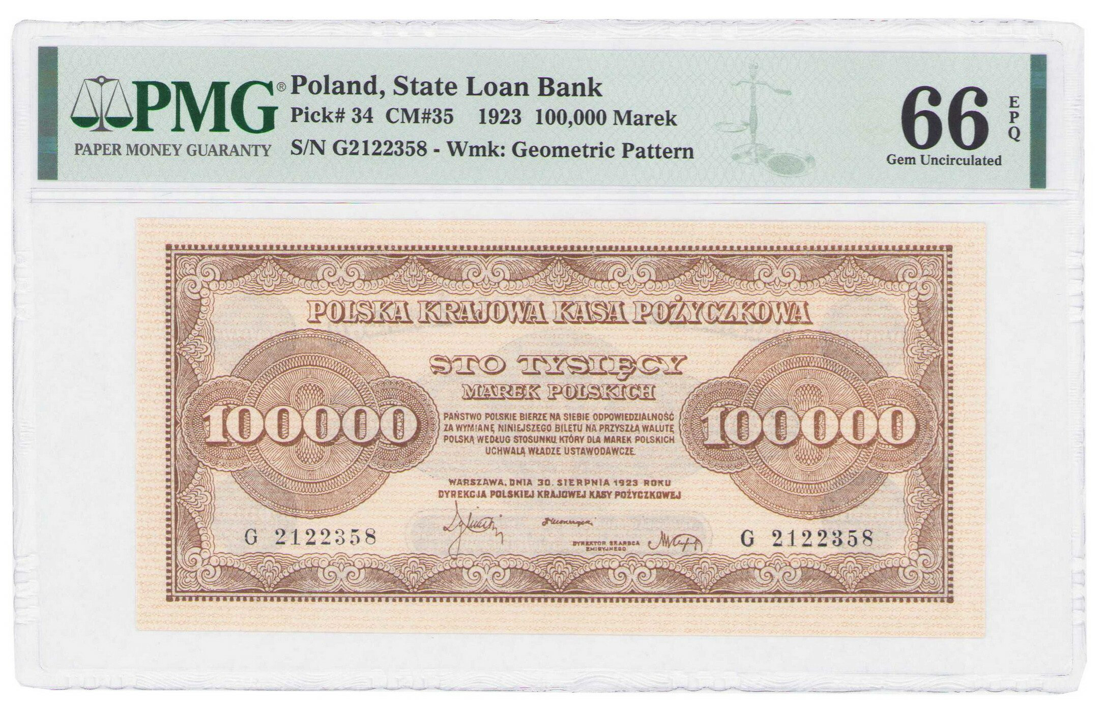 100.000 marek polskich 1923 seria G, PMG 66 EPQ (2 MAX) - WYŚMIENITE