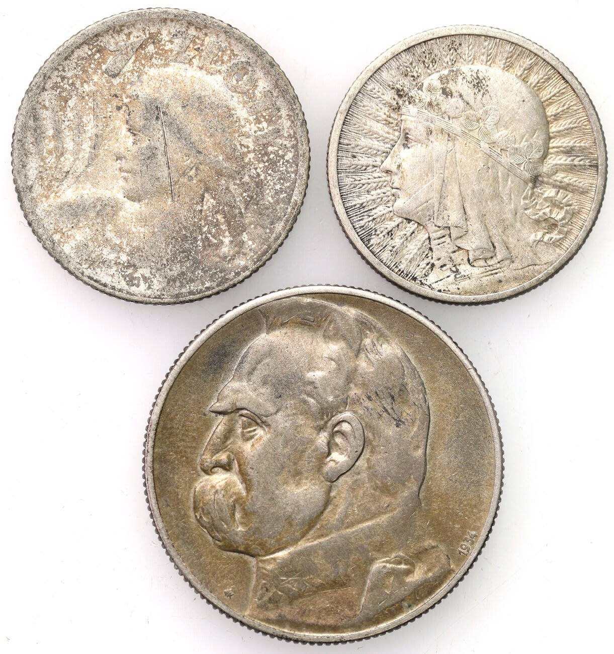 II RP. 1 złoty 1924 - Paryż, 2 złote 1932 i 5 złotych 1934 Piłsudski strzelecki
