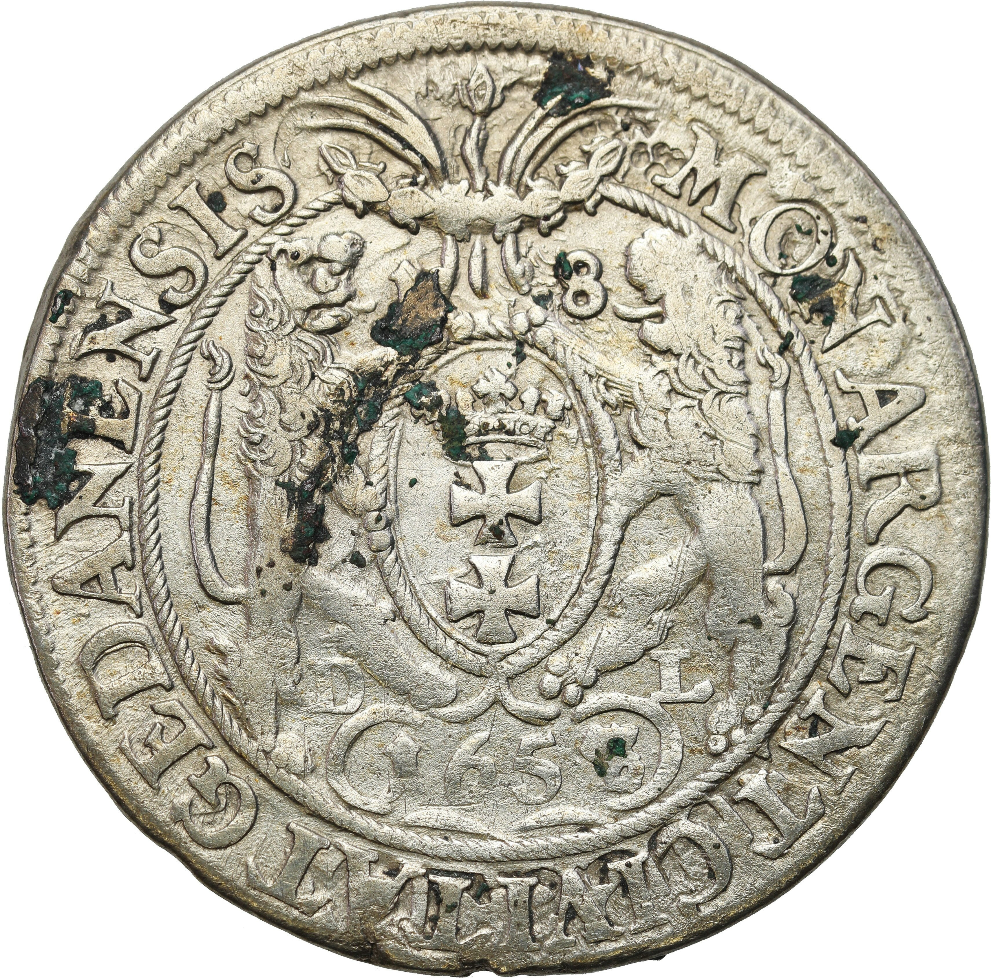Jan II Kazimierz. Ort (18 groszy) 1658 DL, Gdańsk – PRZEBITKA DATY