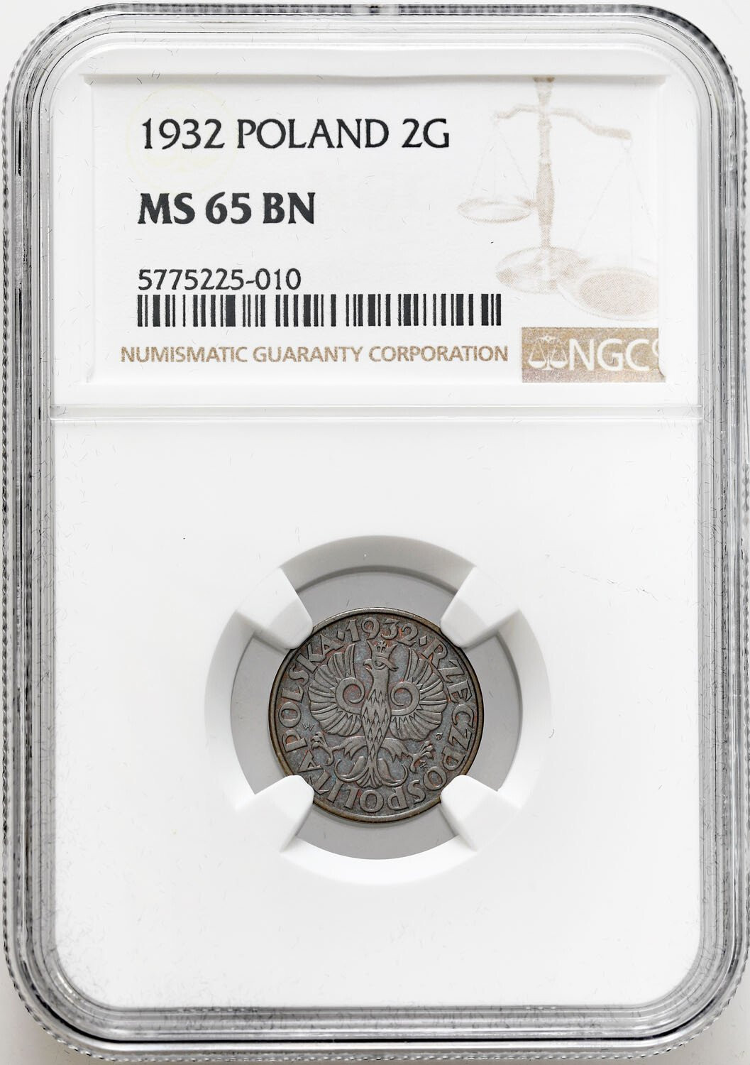 II RP. 2 grosze 1932 NGC MS65 BN (2 MAX) - RZADKI ROCZNIK