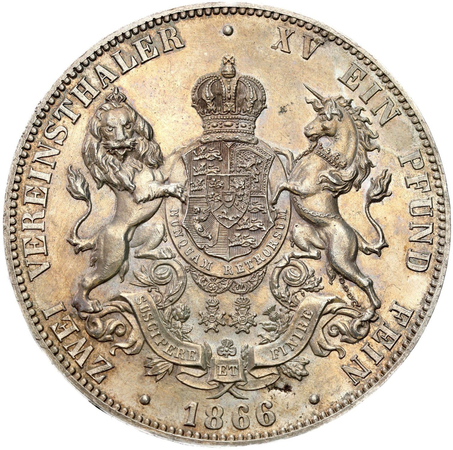 Niemcy, Hanower. Jerzy V (1851-1866). Dwutalar (2 talary) 1866 B, Hanower - PIĘKNE