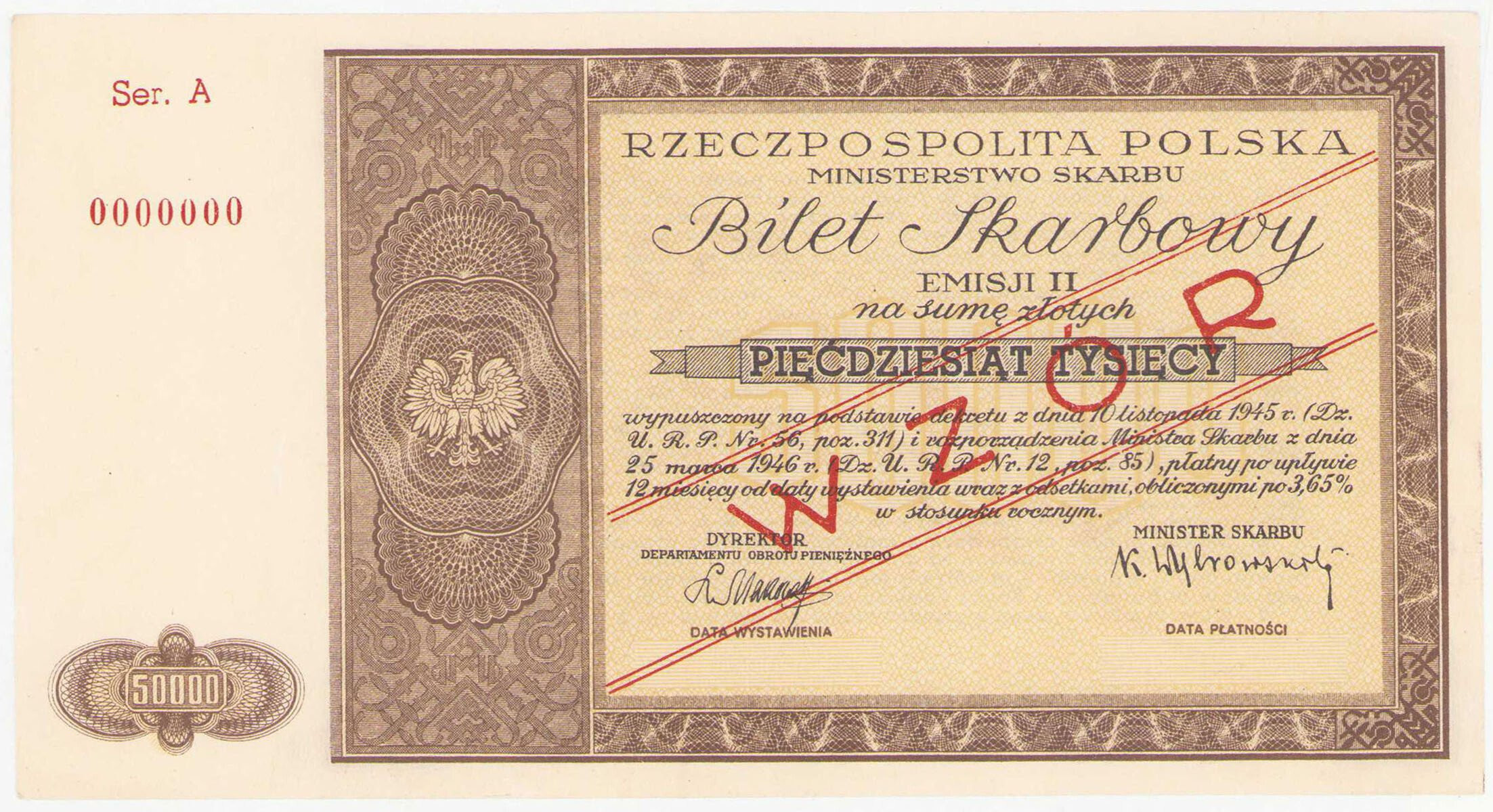Bilet Skarbowy. WZÓR 50.000 złotych emisja 1946 seria A – RZADKOŚĆ R8