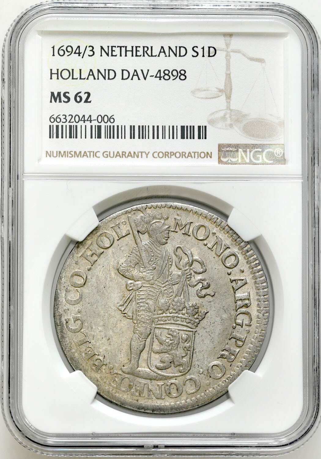 Niderlandy, Holland. Talar (Silver dukat) 1694/3 NGC MS62 (MAX) - PIĘKNY