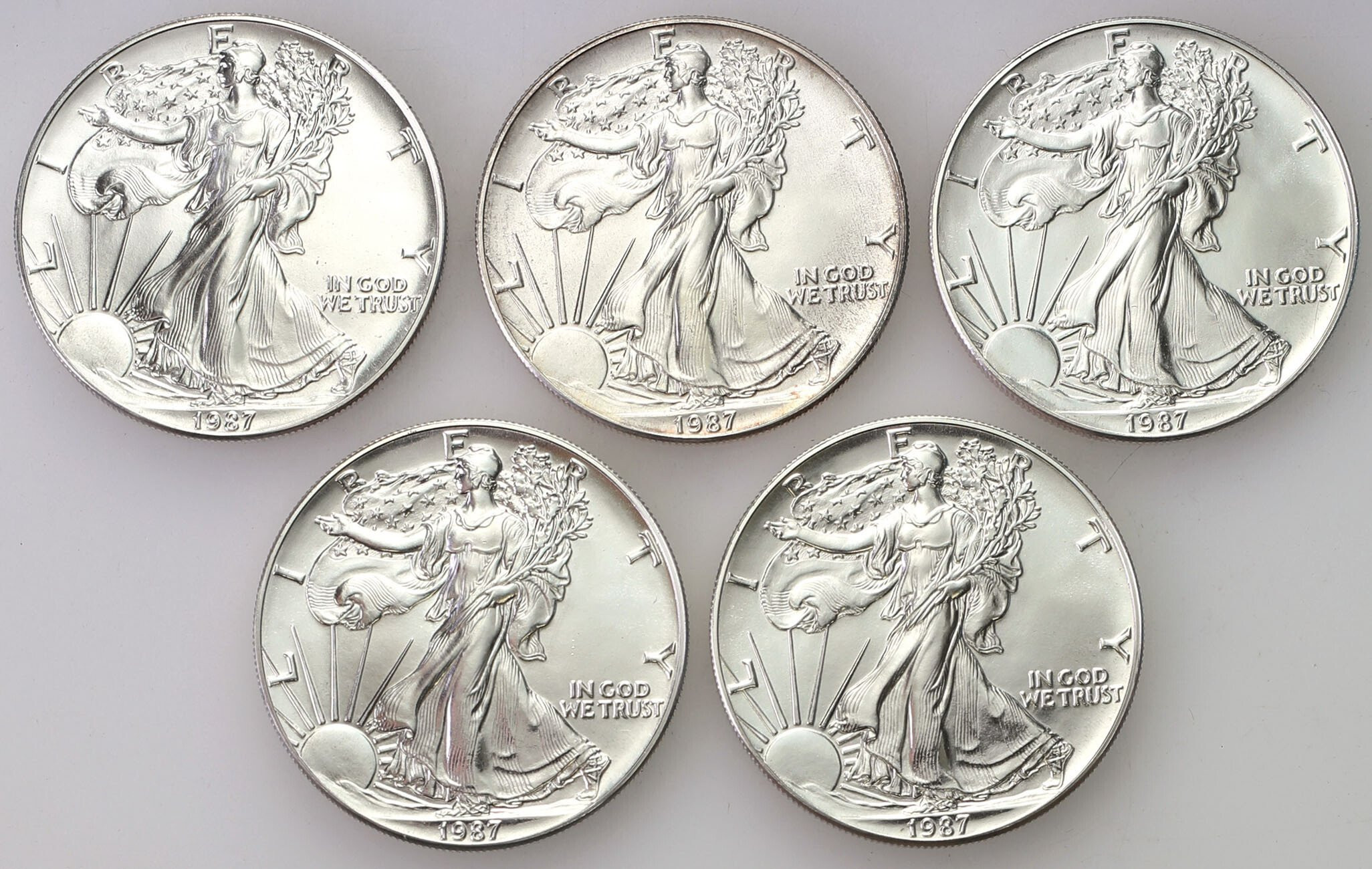 USA. 1 dolar 1987 Amerykański Srebrny Orzeł, zestaw 5 sztuk
