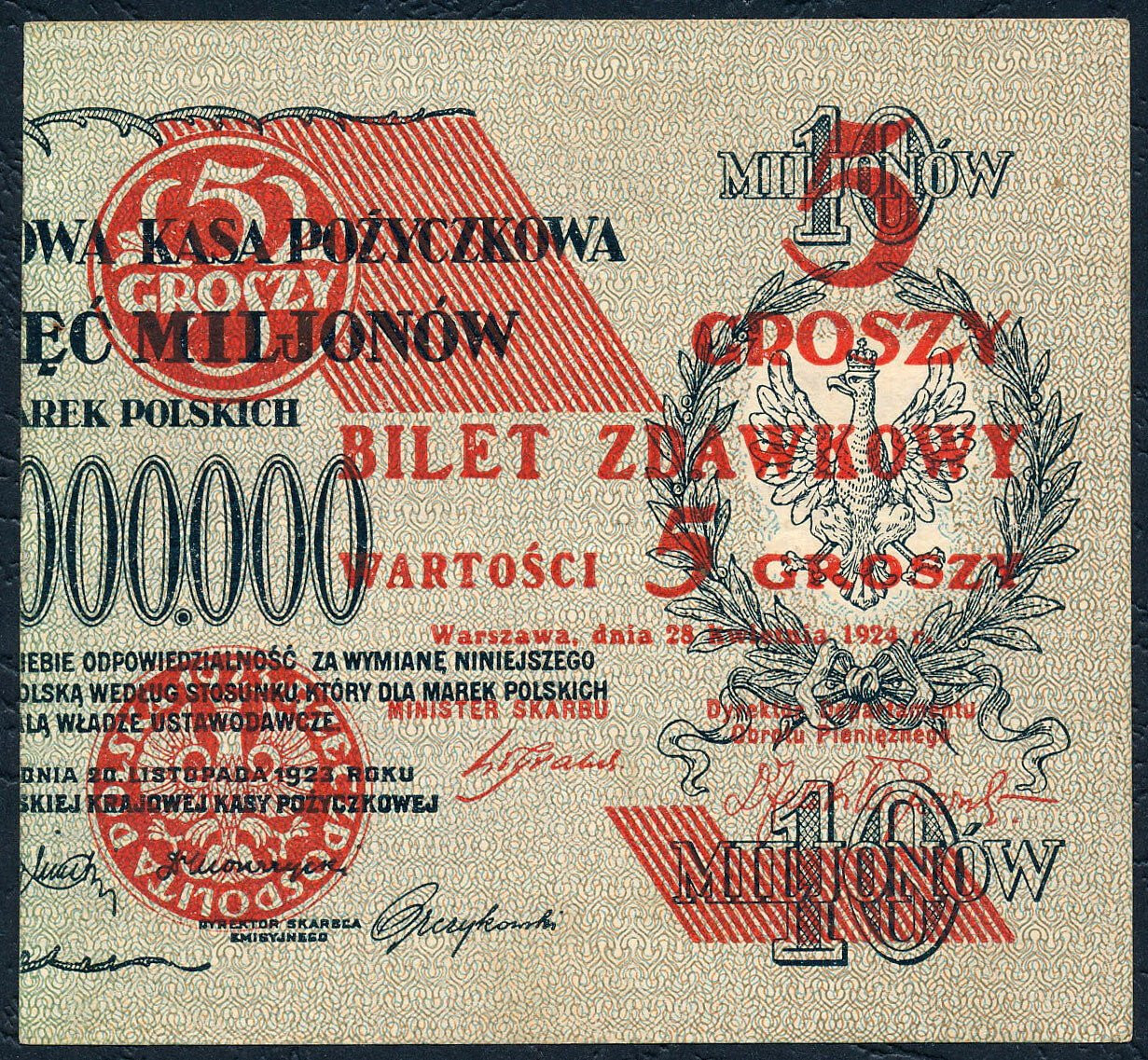 Banknot. Bilet zdawkowy 5 groszy 1924 - PRAWY