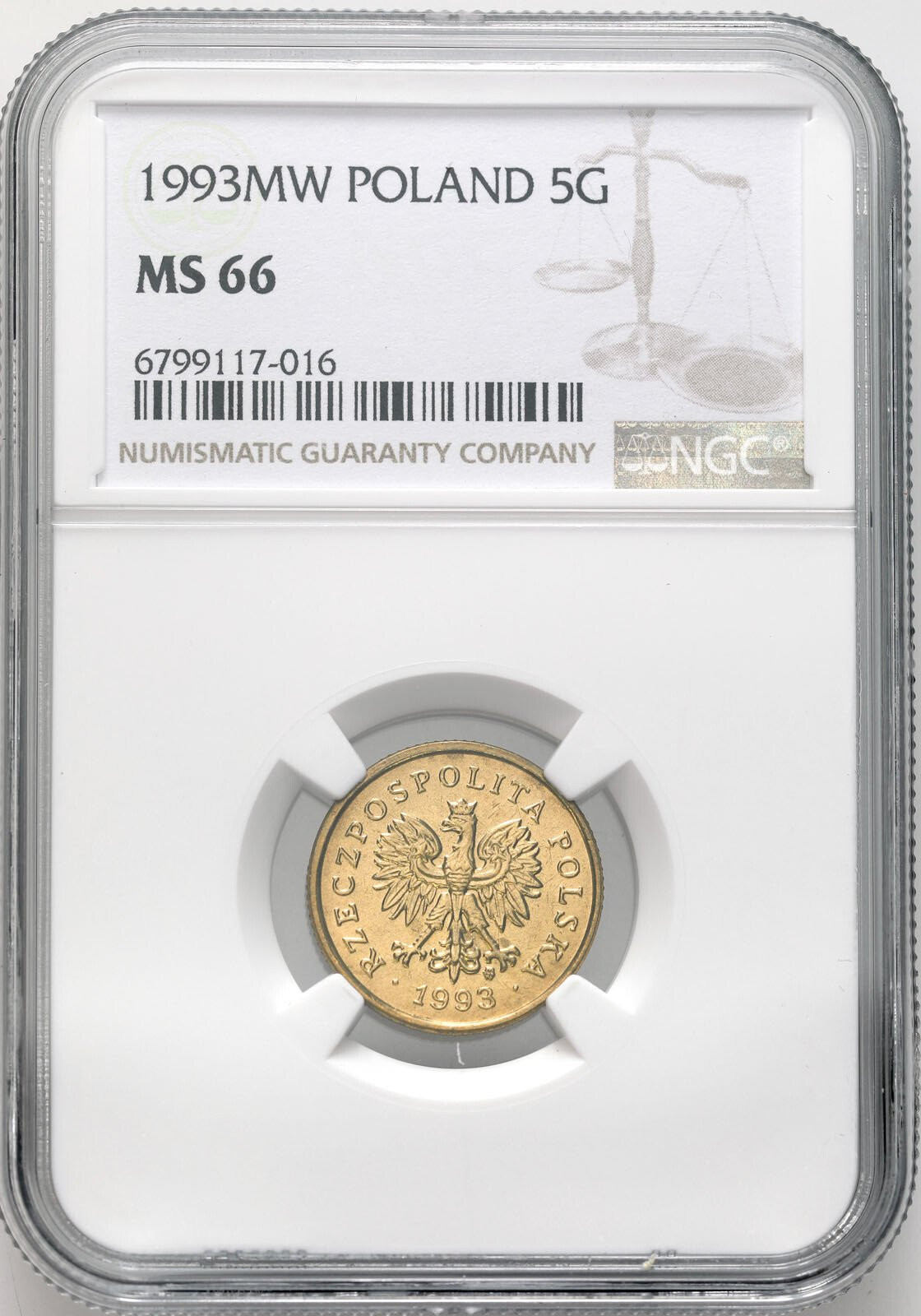 III RP. 5 groszy 1993 NGC MS66 – PIĘKNE
