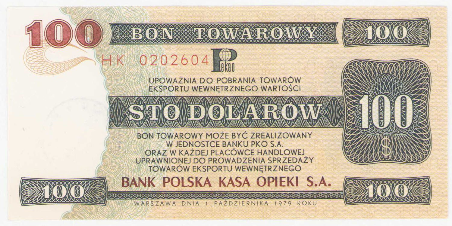 Bon towarowy PEKAO na 100 dolarów 1979 seria HK - RZADKIE