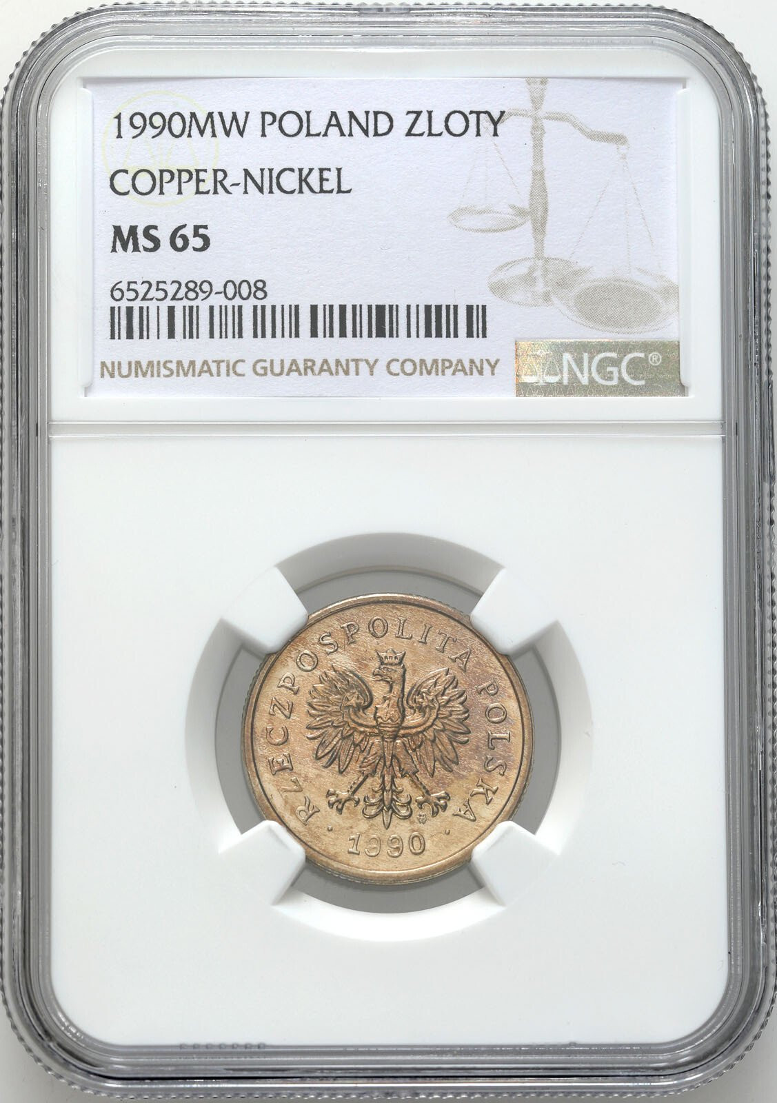 III RP. 1 złoty 1990 NGC MS65 – PIĘKNE