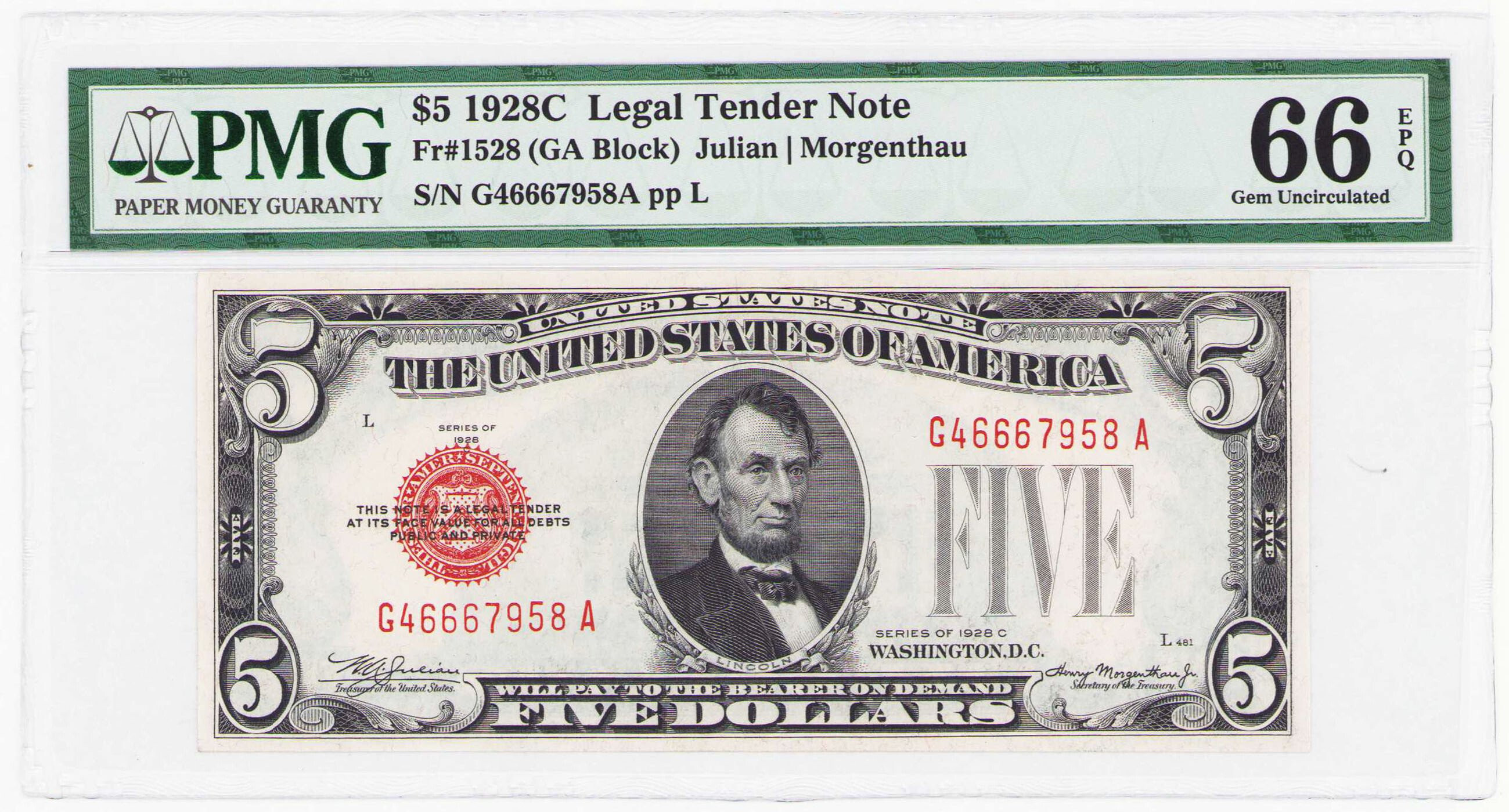 USA. Legal Tender Note. 5 dolarów 1928C, PMG 66 EPQ