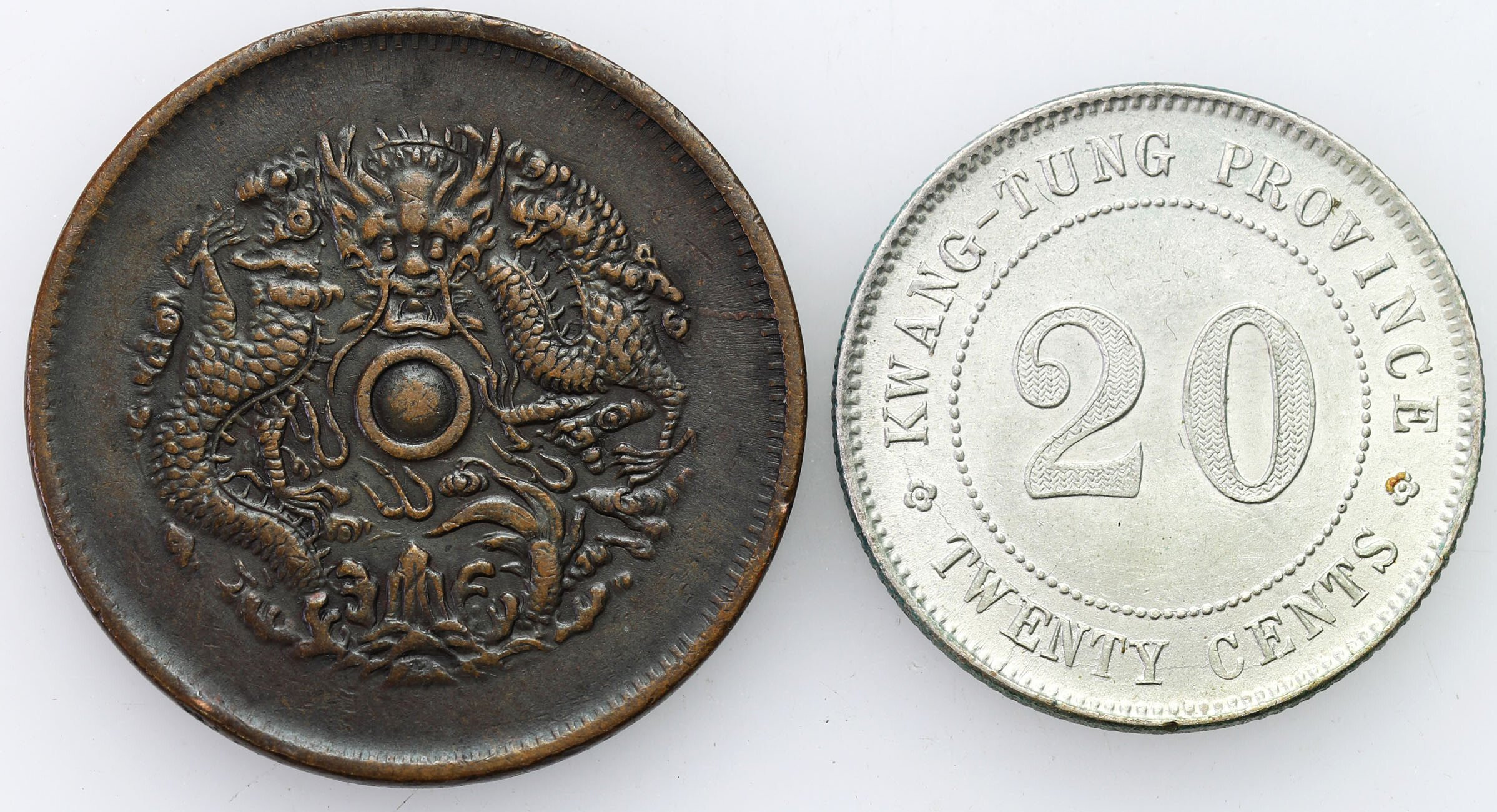 Chiny, Chekiang. 10 cash ND. (1903-06) i Kwangtung 20 centów 1920, zestaw 2 sztuk