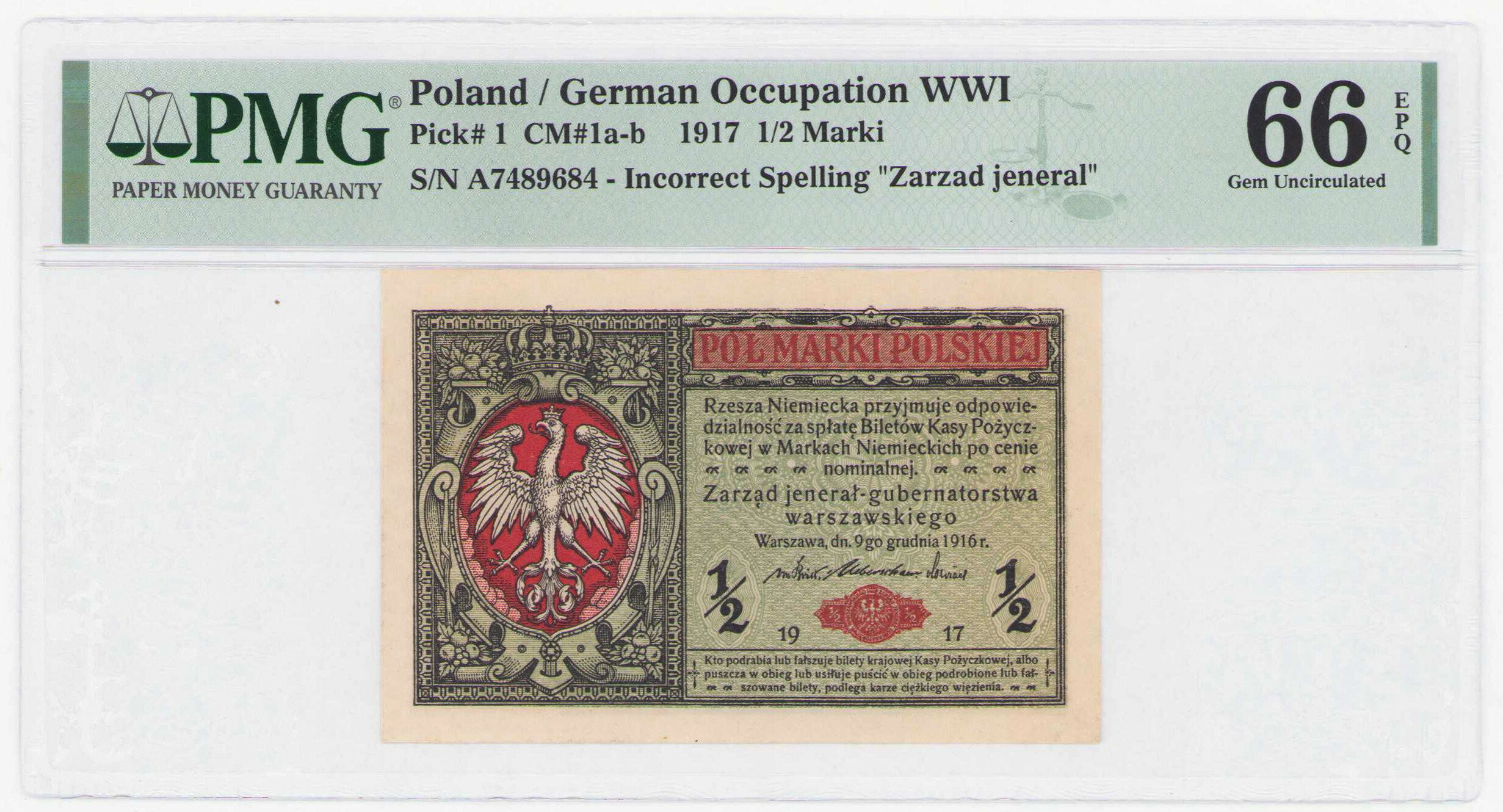 1/2 marki polskiej 1916 seria A, jenerał PMG 66 - PIĘKNE