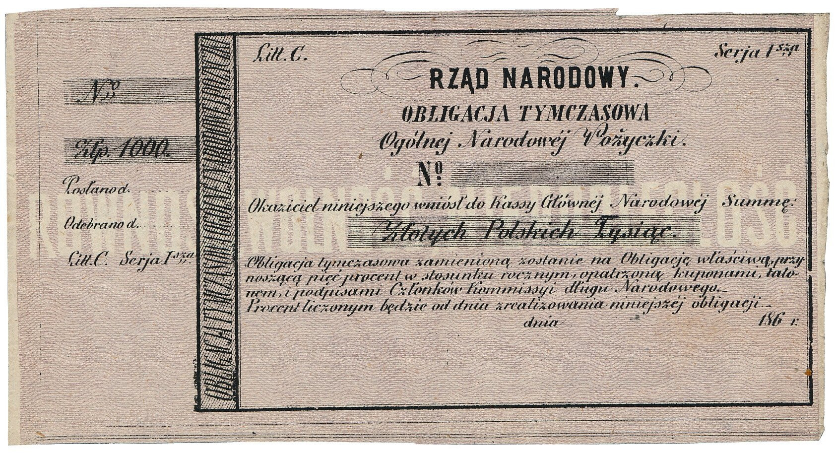 Powstanie Styczniowe. 1863 obligacja 1.000 złotych, lit. C
